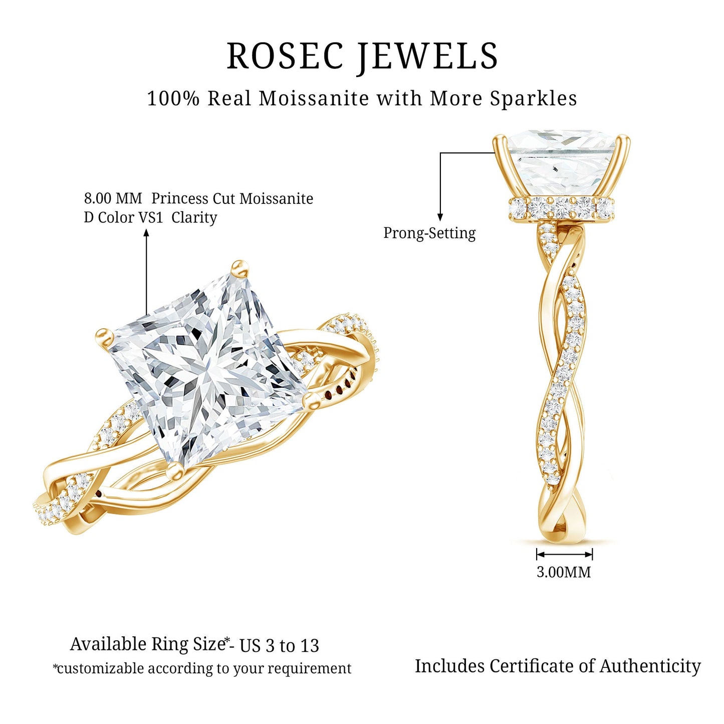 Certified 3 Carat Moissanite Princess Cut Engagement Ring with Braided Shank