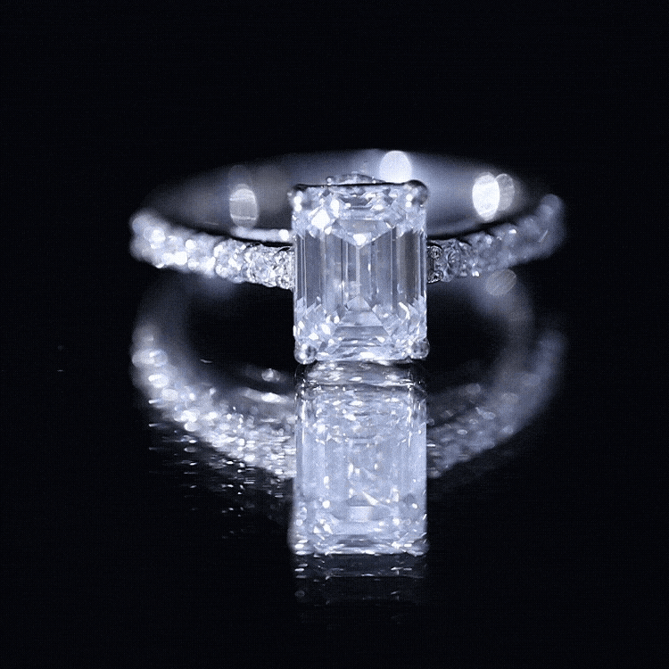 Certified Moissanite Emerald Cut Engagement Ring with Hidden Halo