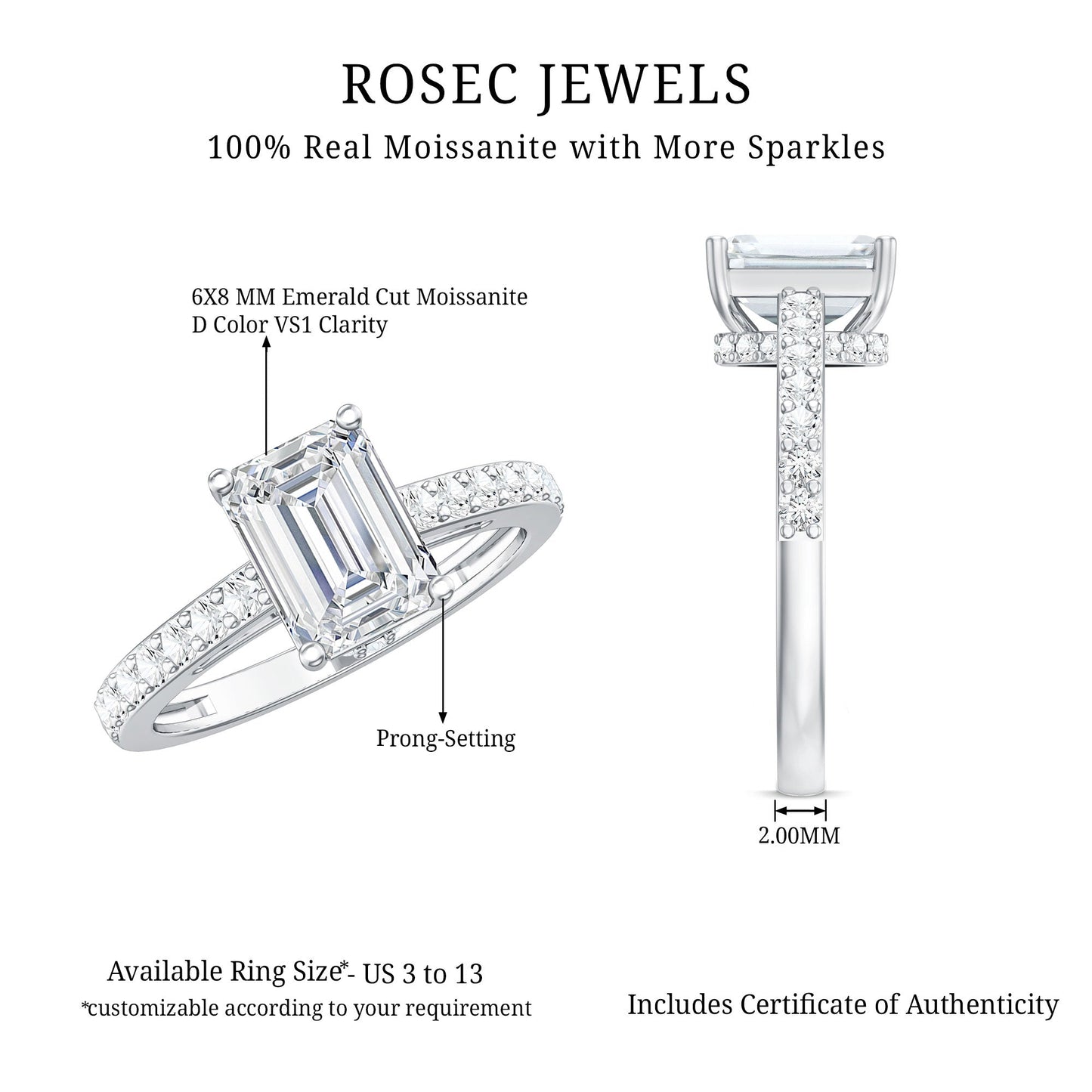 Certified Moissanite Emerald Cut Engagement Ring with Hidden Halo