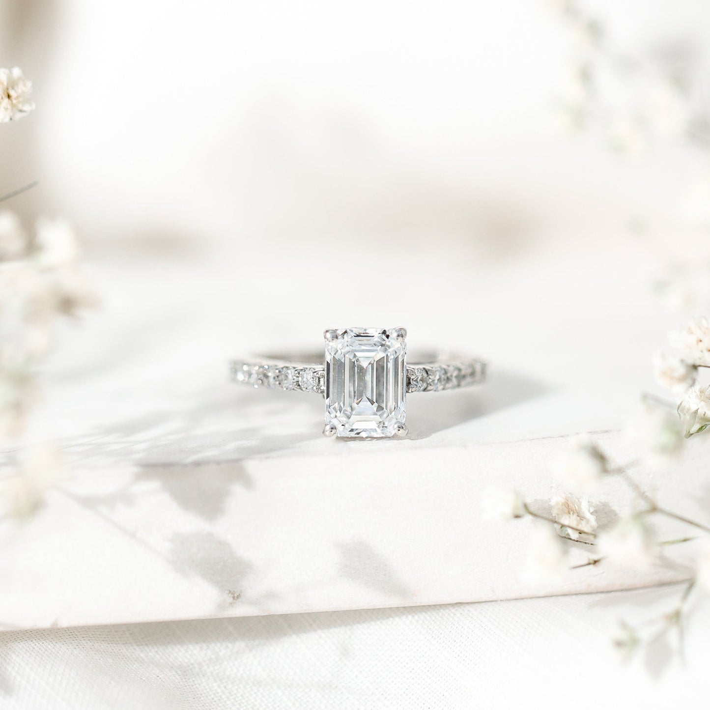 Certified Moissanite Emerald Cut Engagement Ring with Hidden Halo