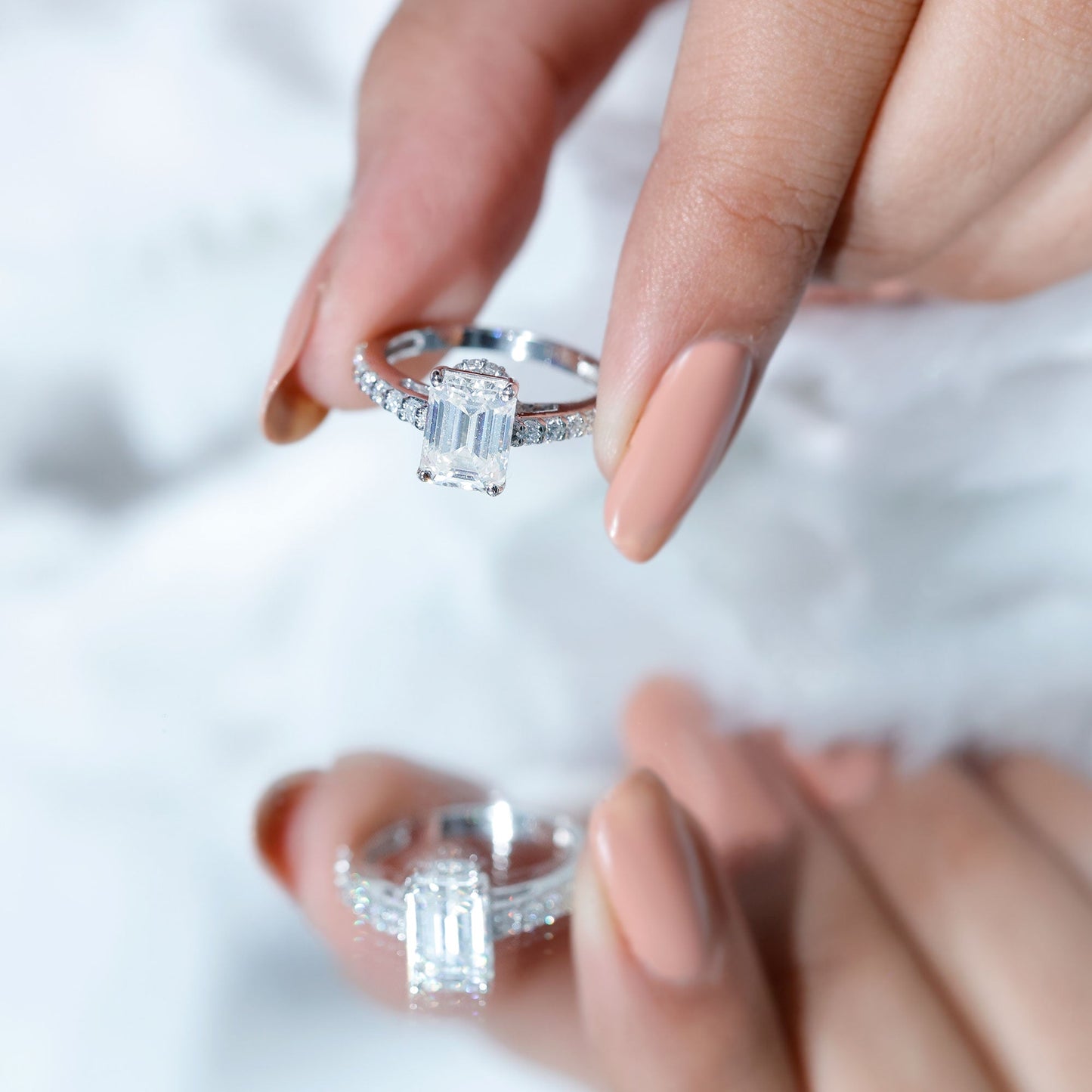 Certified Moissanite Emerald Cut Engagement Ring with Hidden Halo