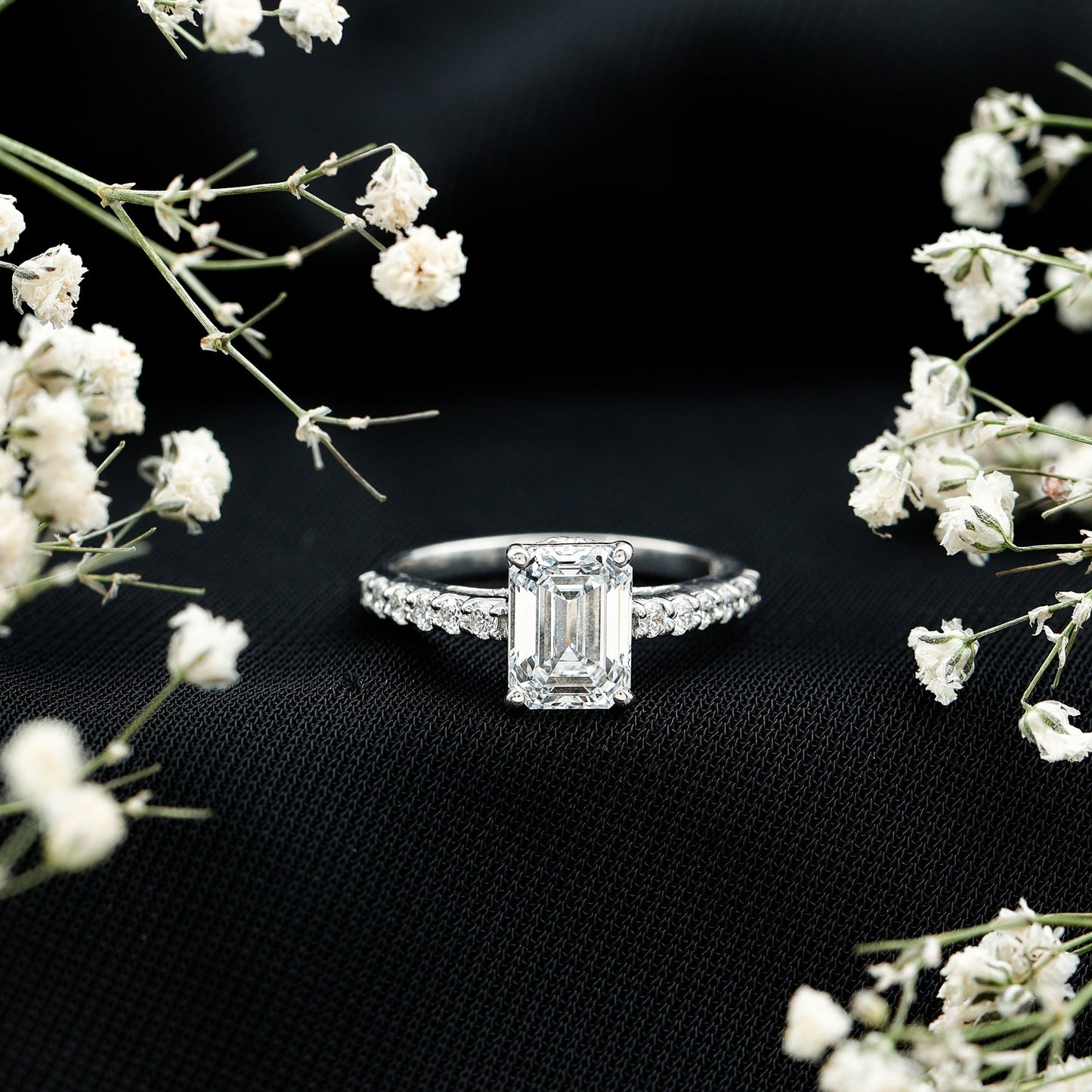 Certified Moissanite Emerald Cut Engagement Ring with Hidden Halo