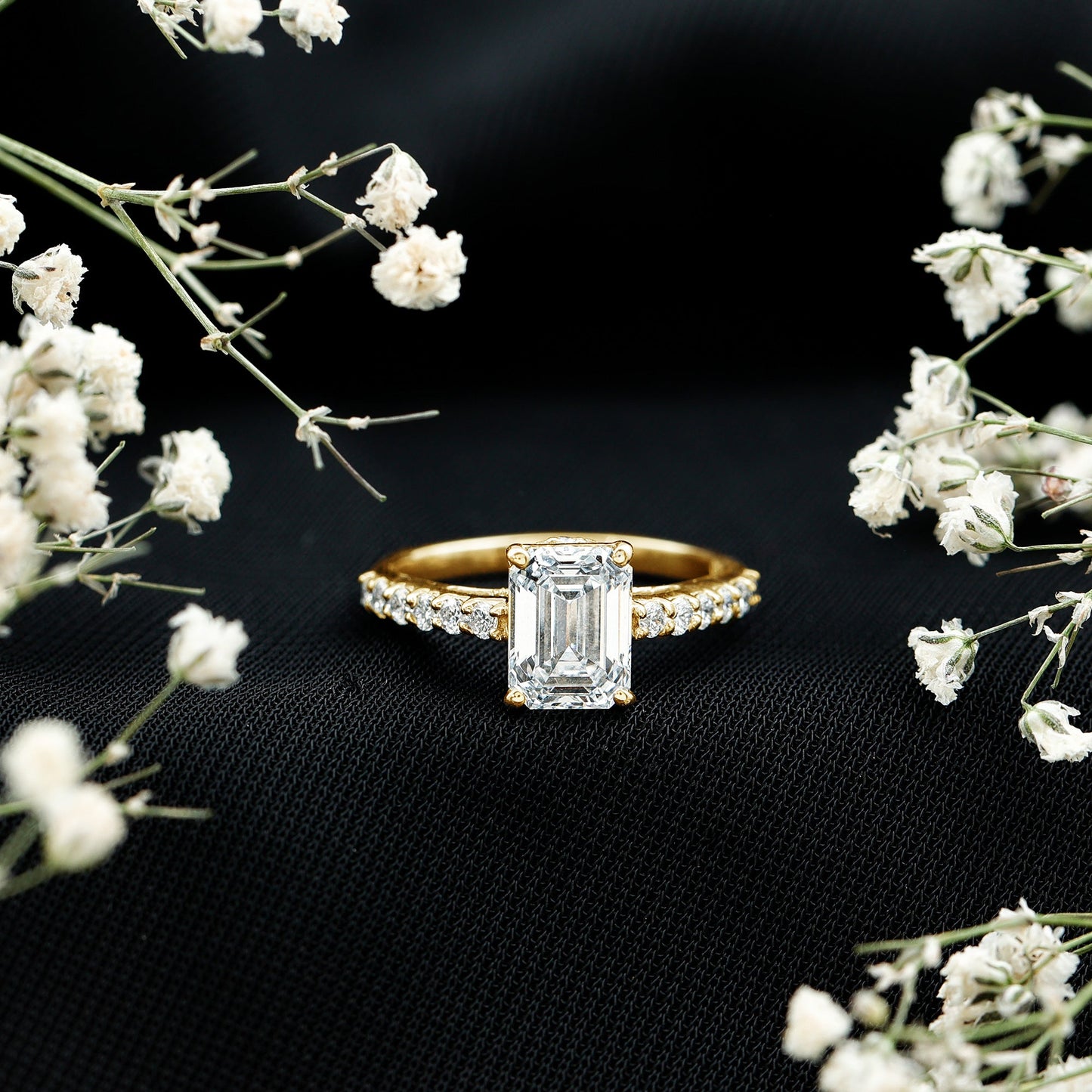 Certified Moissanite Emerald Cut Engagement Ring with Hidden Halo