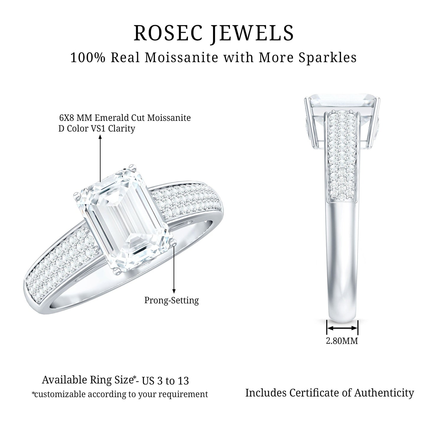 Emerald Cut Moissanite Side Stone Engagement Ring