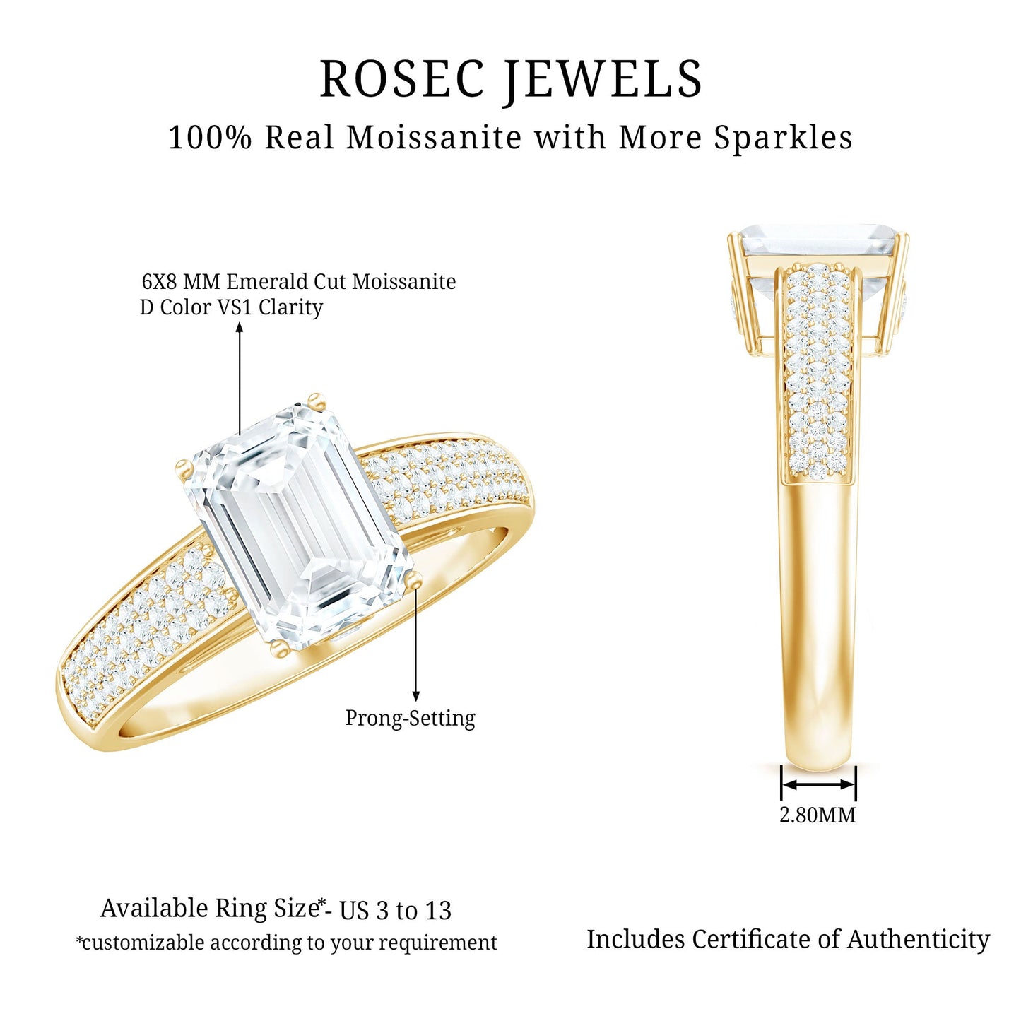 Emerald Cut Moissanite Side Stone Engagement Ring