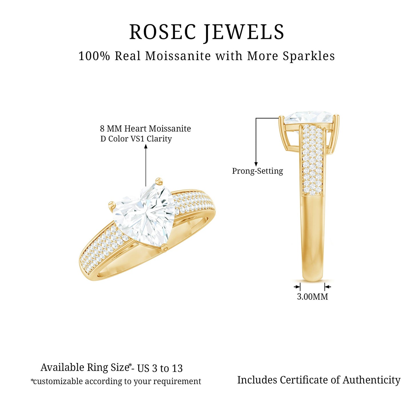 Certified Moissanite Heart Engagement Ring with Side Stones