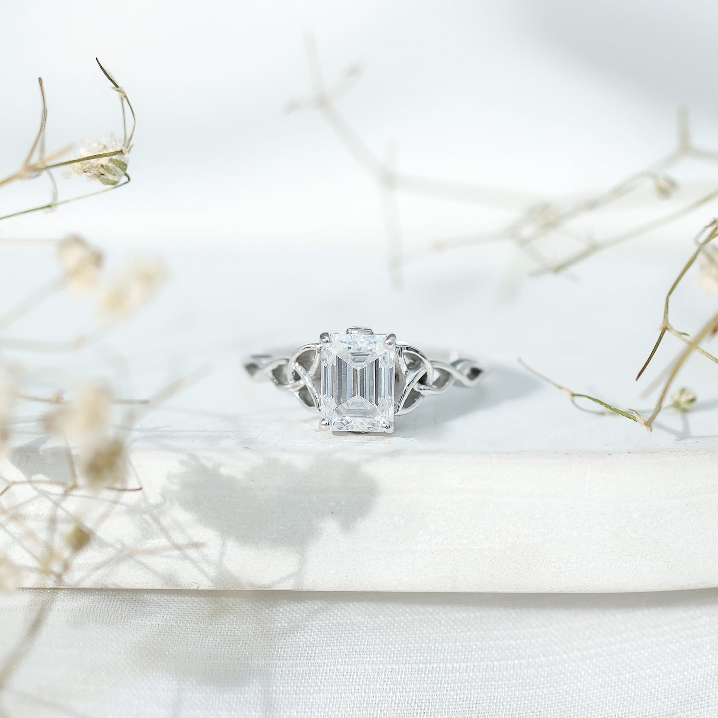 1.8 Carat Emerald Cut Moissanite Engagement Ring with Celtic Details