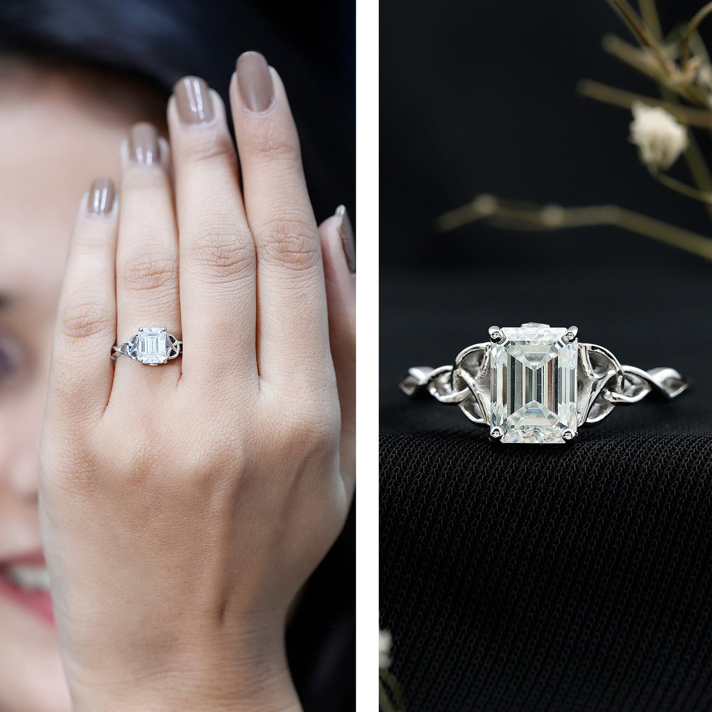 1.8 Carat Emerald Cut Moissanite Engagement Ring with Celtic Details