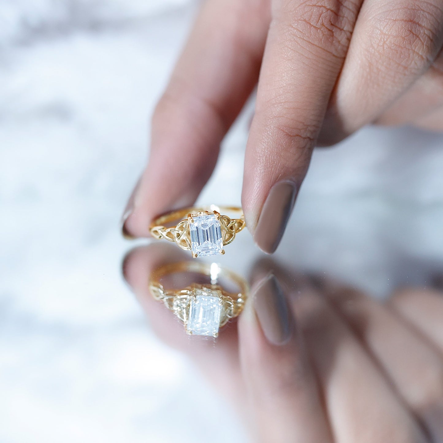 1.8 Carat Emerald Cut Moissanite Engagement Ring with Celtic Details