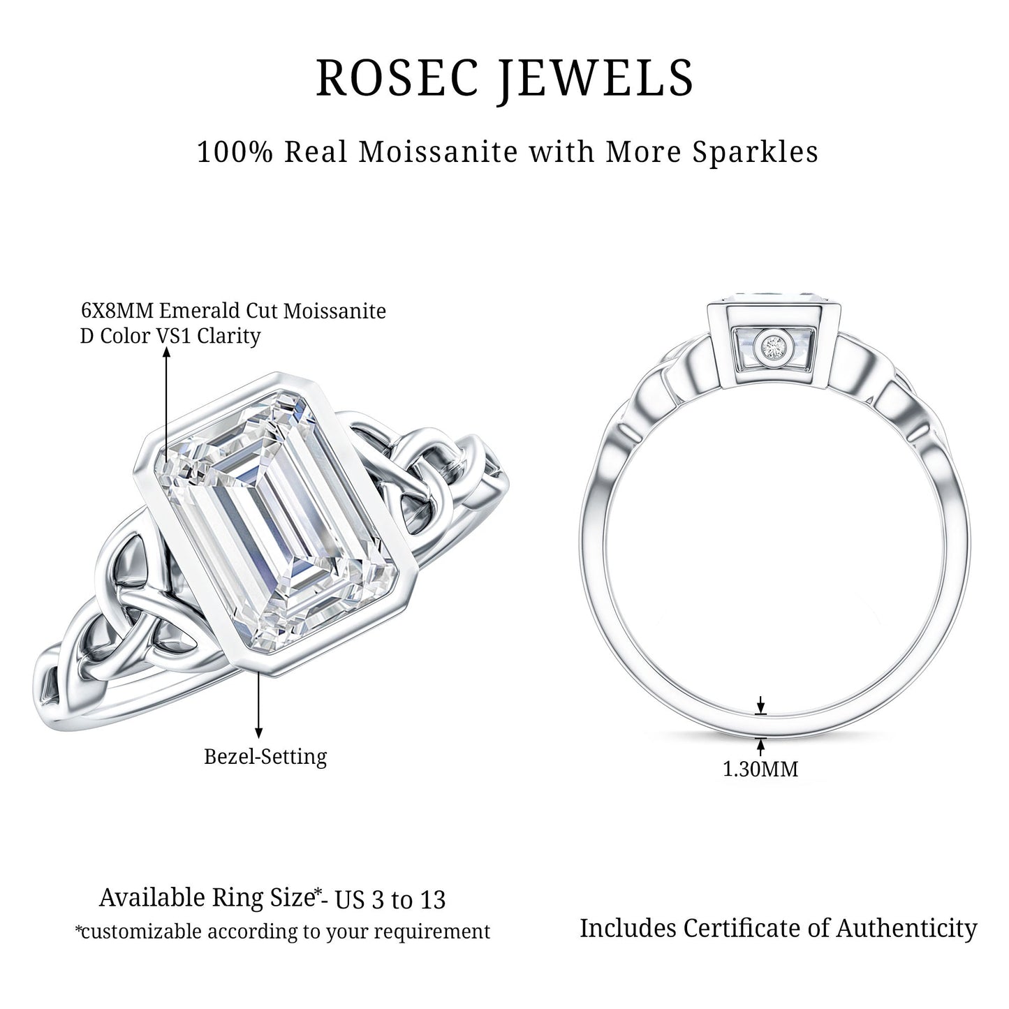 Bezel Set Emerald Cut Moissanite Celtic Engagement Ring