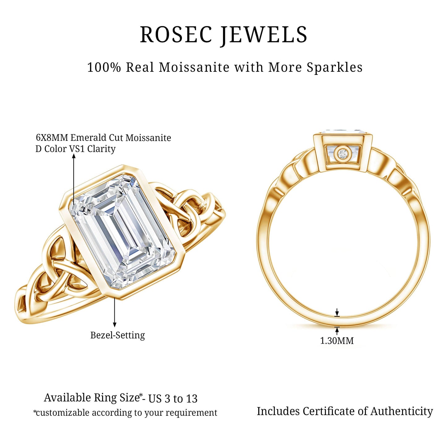 Bezel Set Emerald Cut Moissanite Celtic Engagement Ring