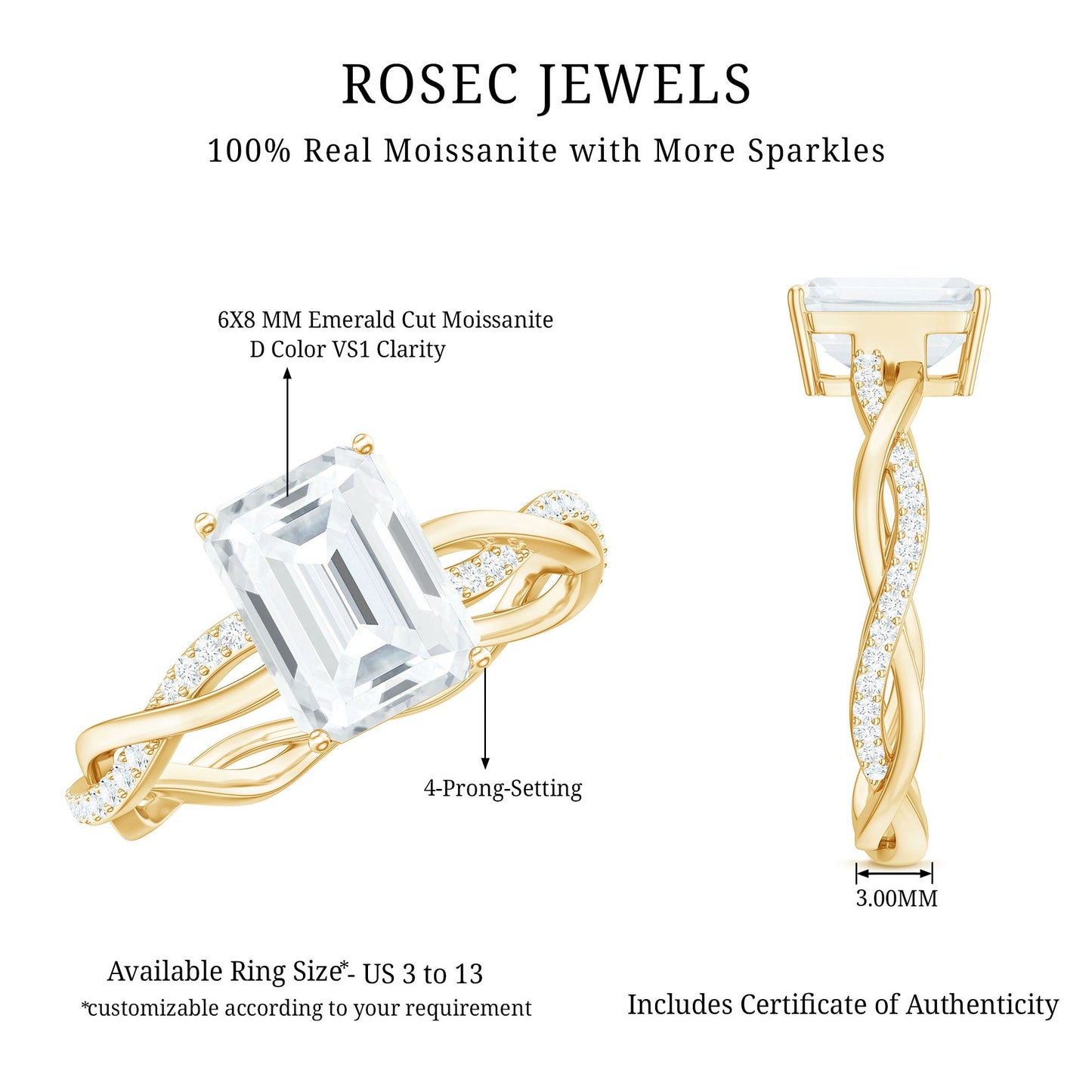 Emerald Cut Moissanite Solitaire Engagement Ring with Braided Band