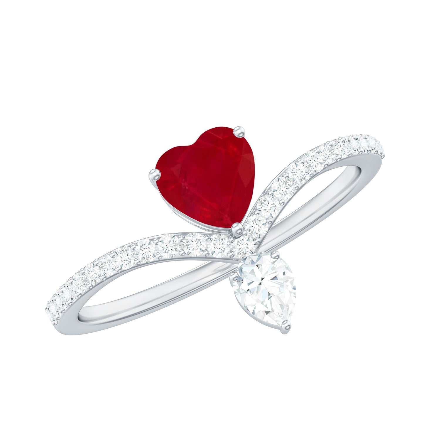Natural 0.6 Carat Ruby Heart Promise Ring with Diamond Chevron Shank