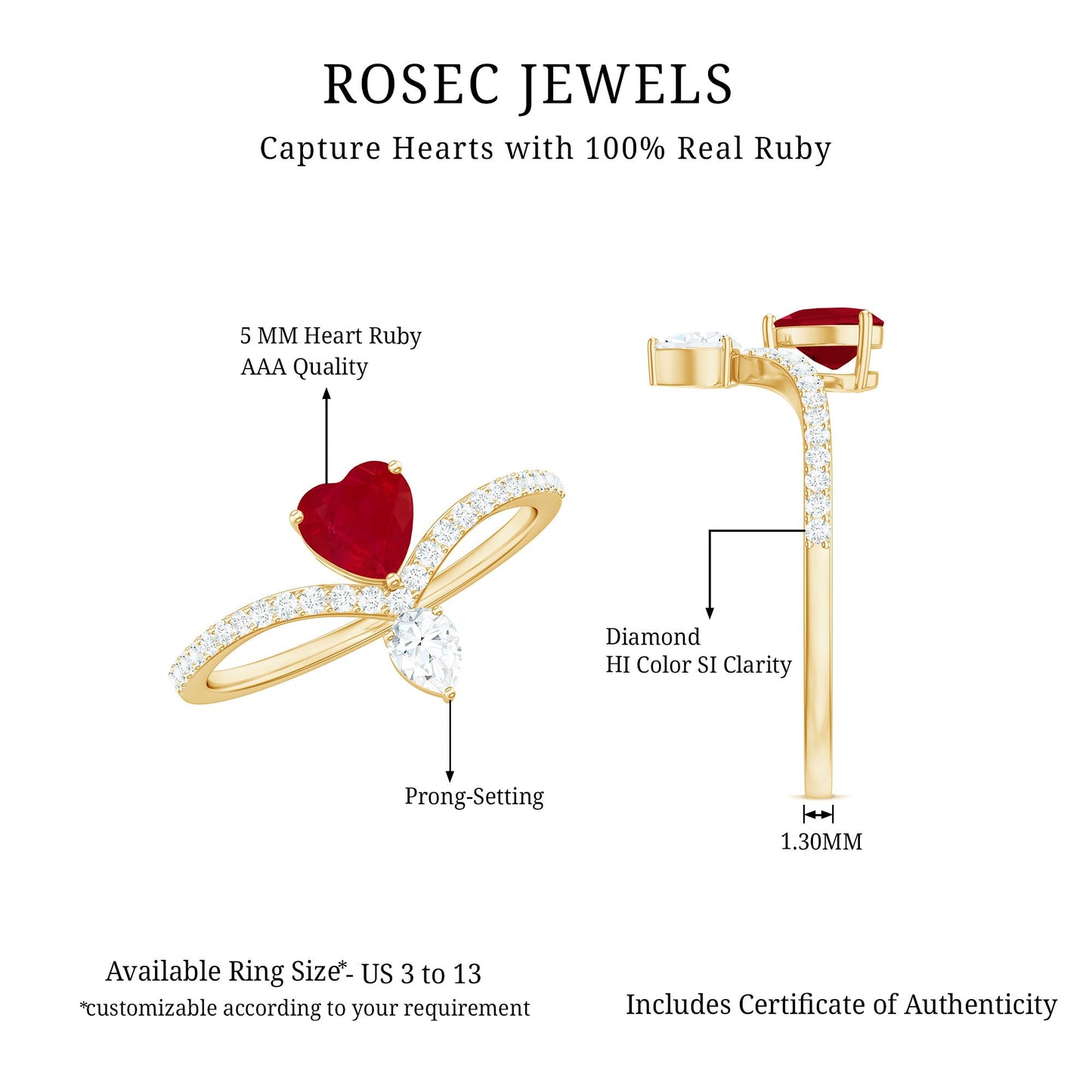 Natural 0.6 Carat Ruby Heart Promise Ring with Diamond Chevron Shank