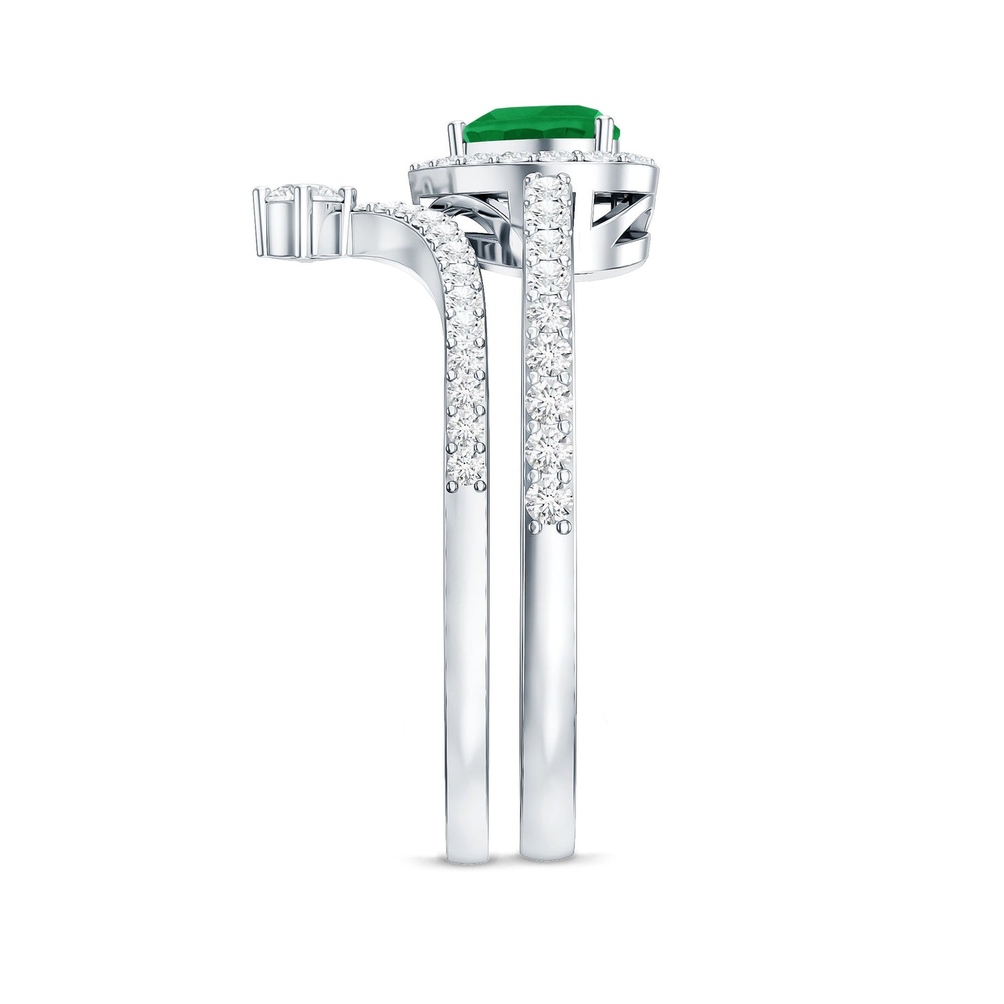 Real Emerald and Diamond Heart Wedding Ring Set with Certificate