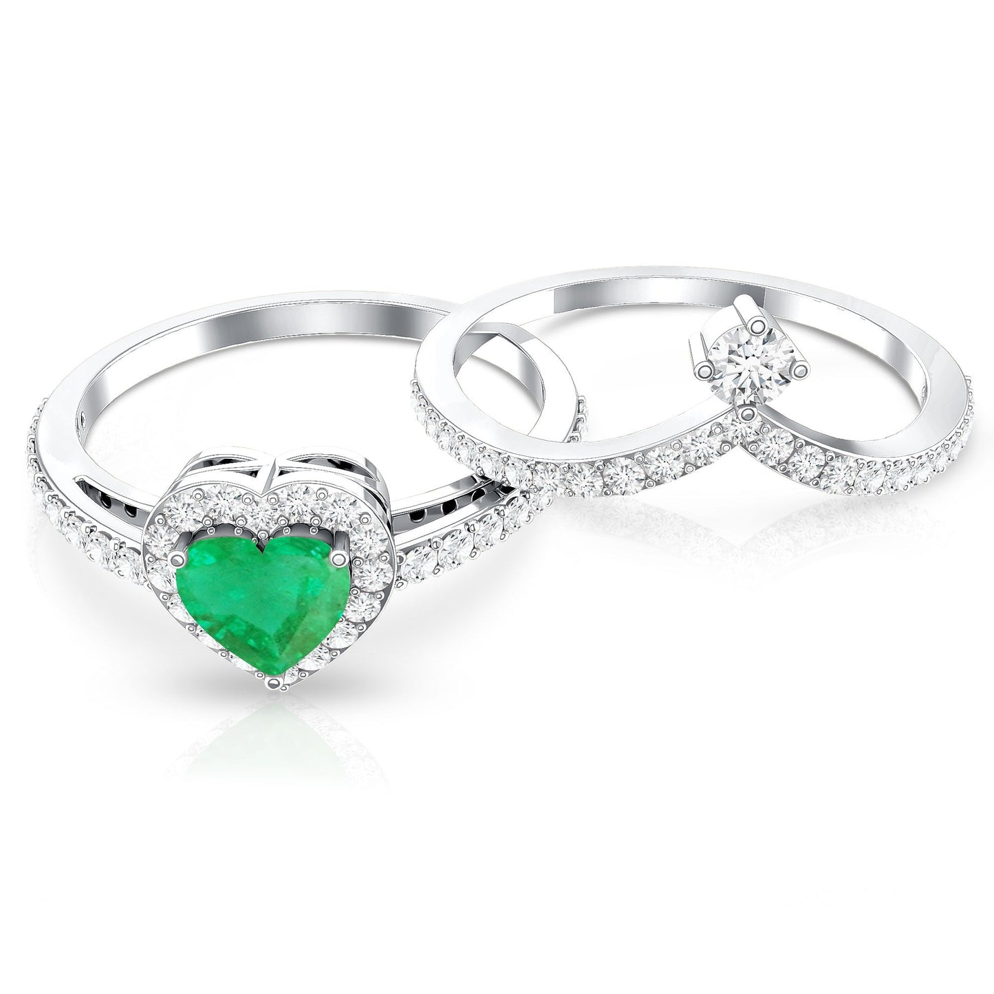 Real Emerald and Diamond Heart Wedding Ring Set with Certificate