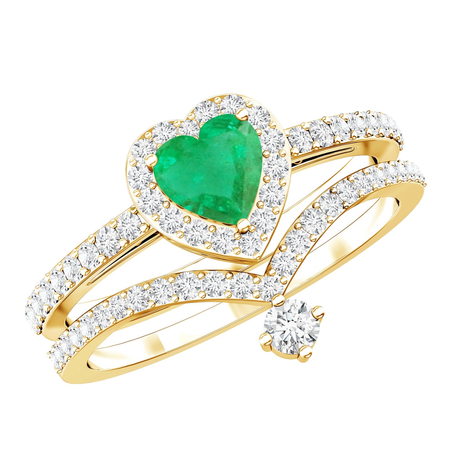 Real Emerald and Diamond Heart Wedding Ring Set with Certificate