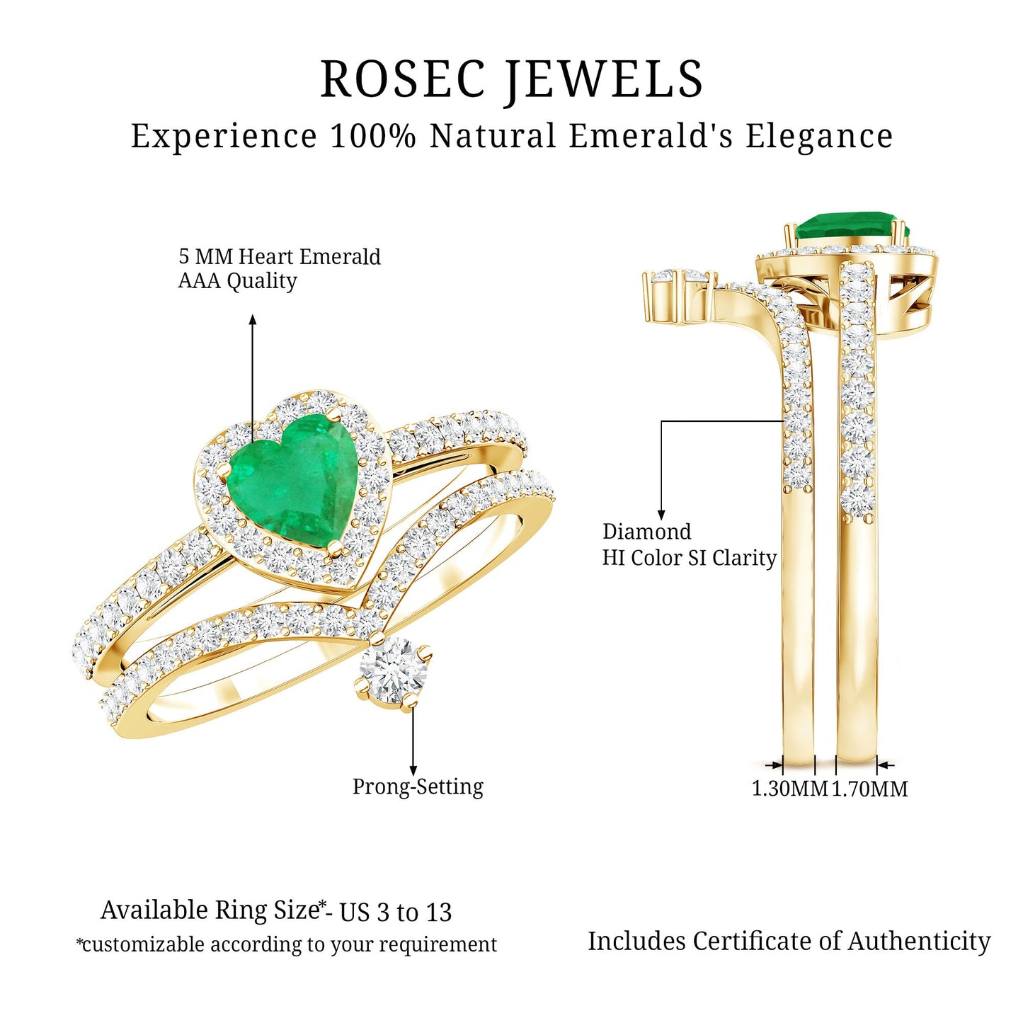 Real Emerald and Diamond Heart Wedding Ring Set with Certificate
