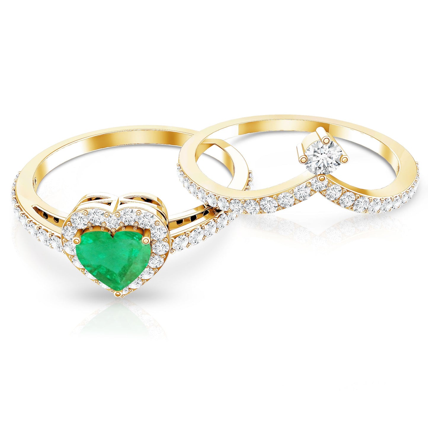 Real Emerald and Diamond Heart Wedding Ring Set with Certificate