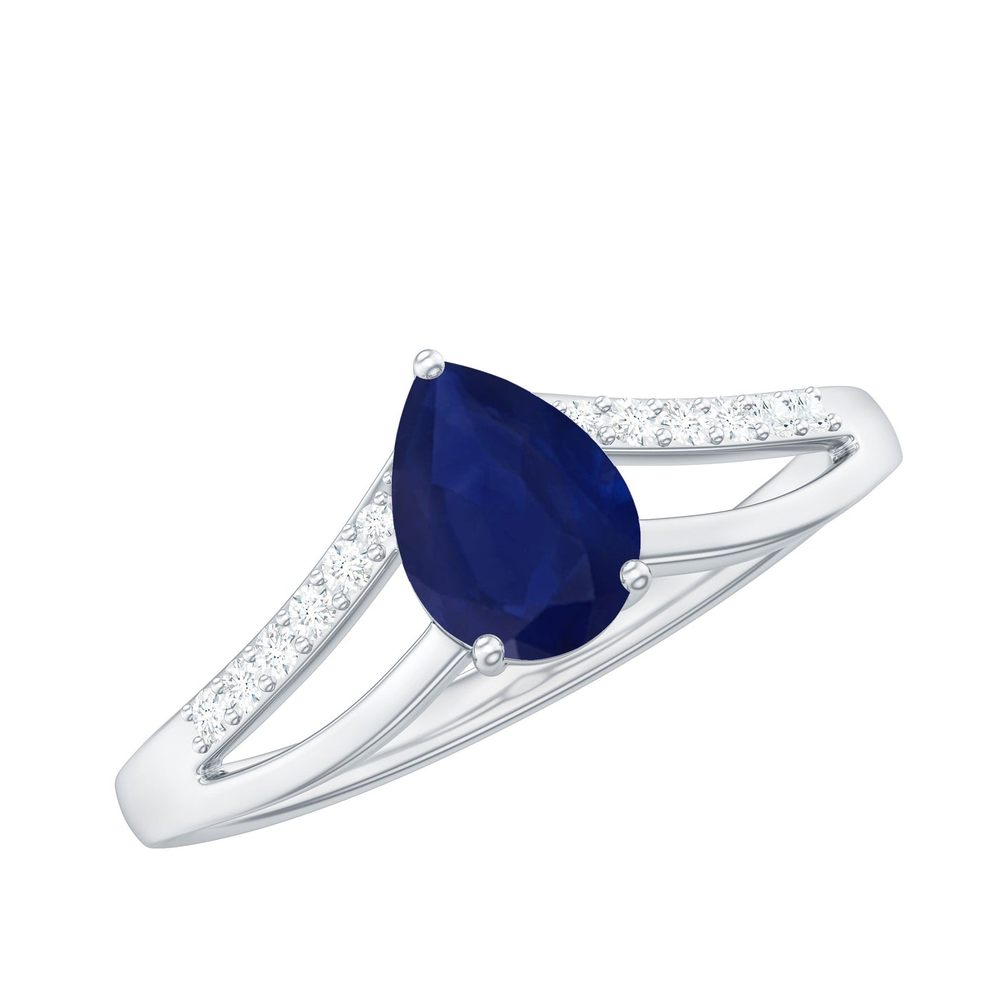 Pear Cut Solitaire Blue Sapphire Split Shank Ring with Diamond