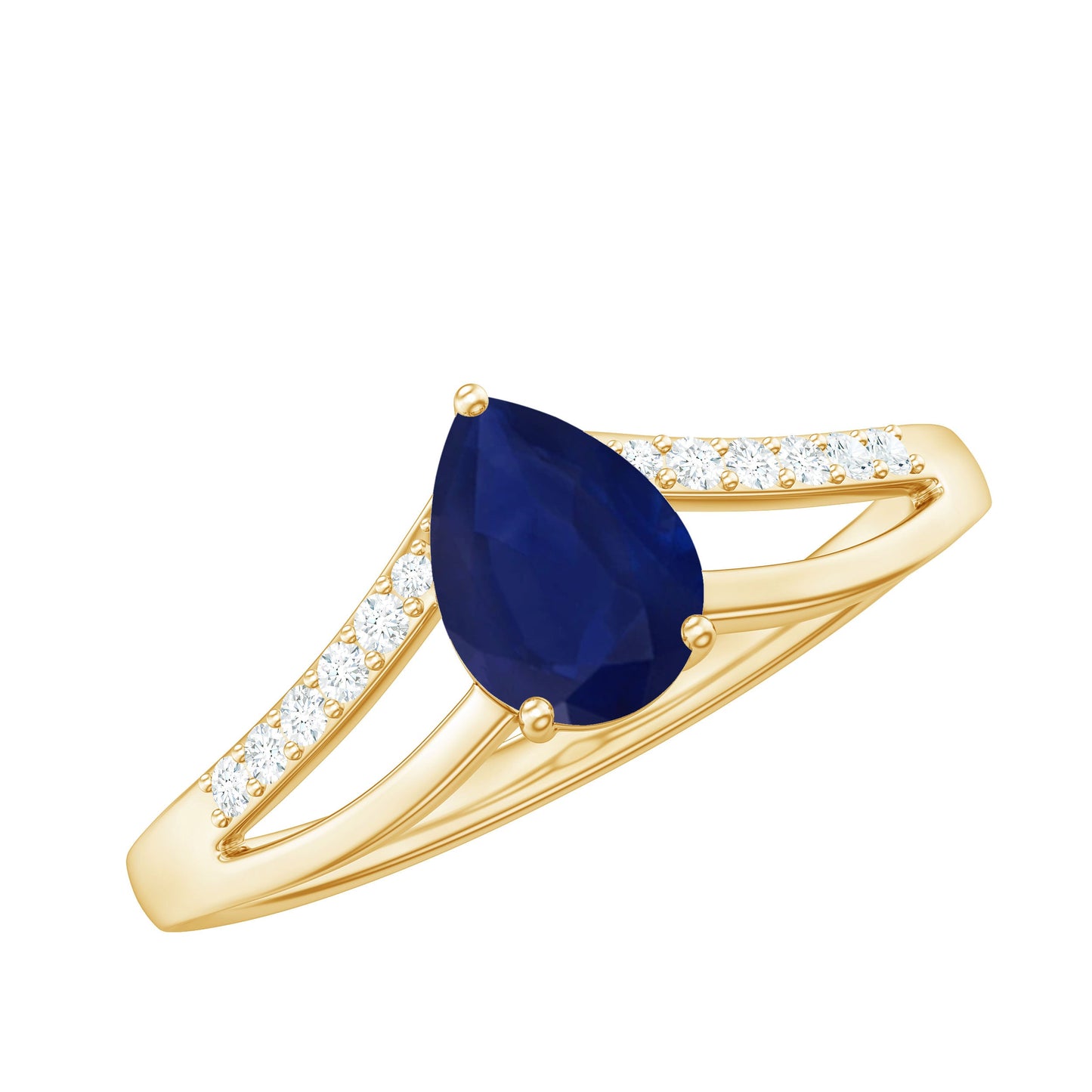 Pear Cut Solitaire Blue Sapphire Split Shank Ring with Diamond