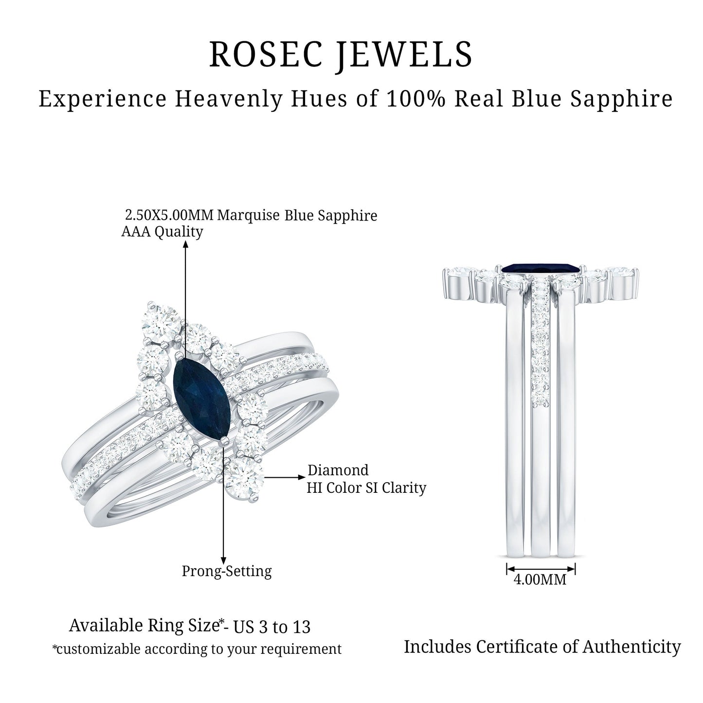 Natural Marquise Cut Blue Sapphire and Diamond Three Piece Stackable Ring Set