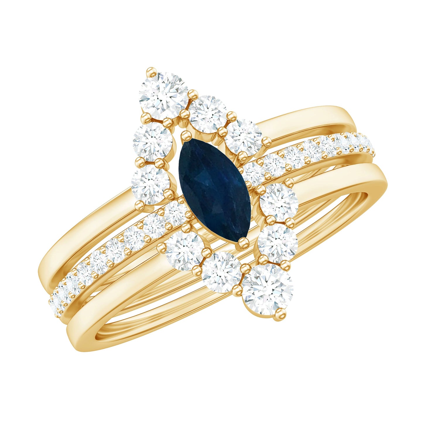 Natural Marquise Cut Blue Sapphire and Diamond Three Piece Stackable Ring Set
