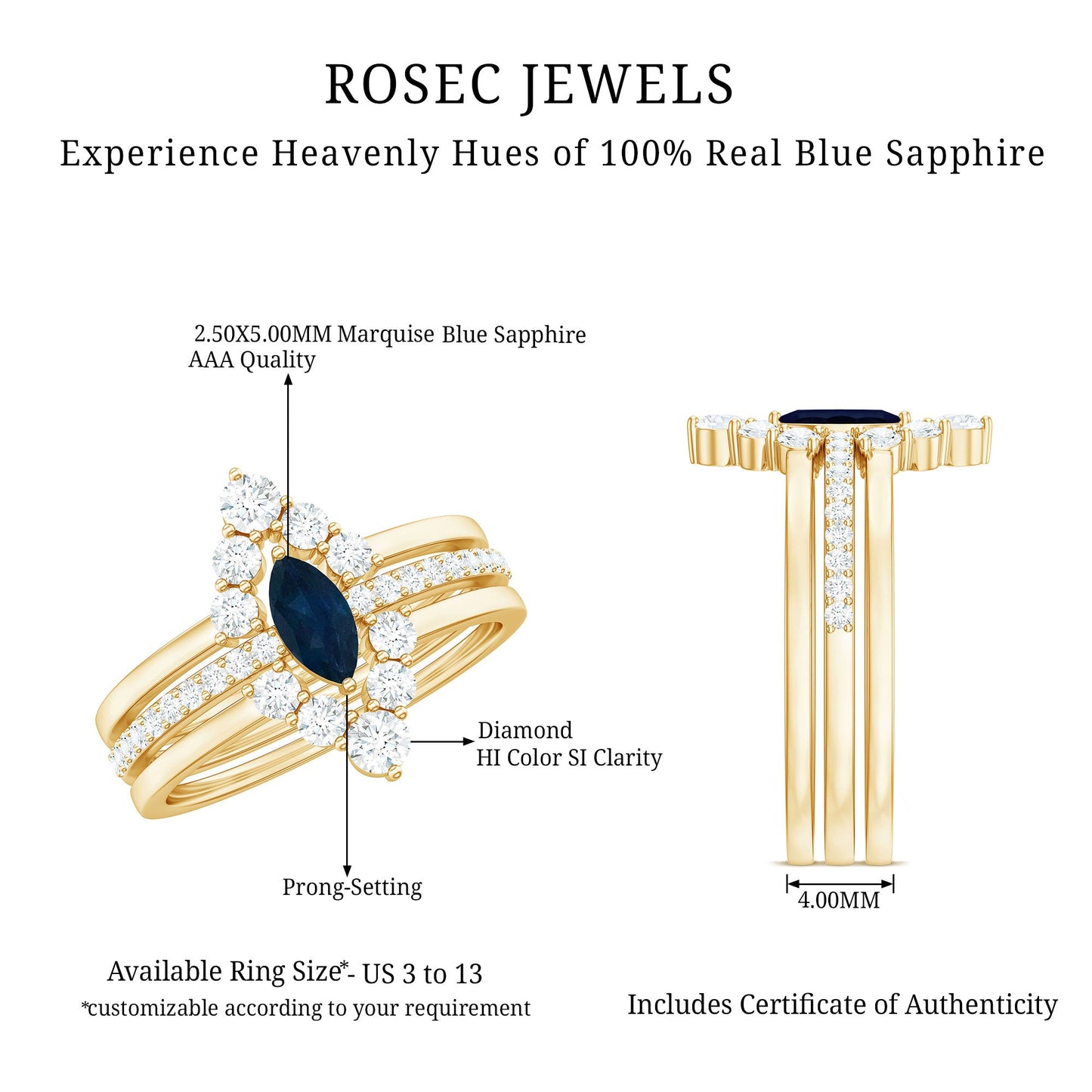 Natural Marquise Cut Blue Sapphire and Diamond Three Piece Stackable Ring Set