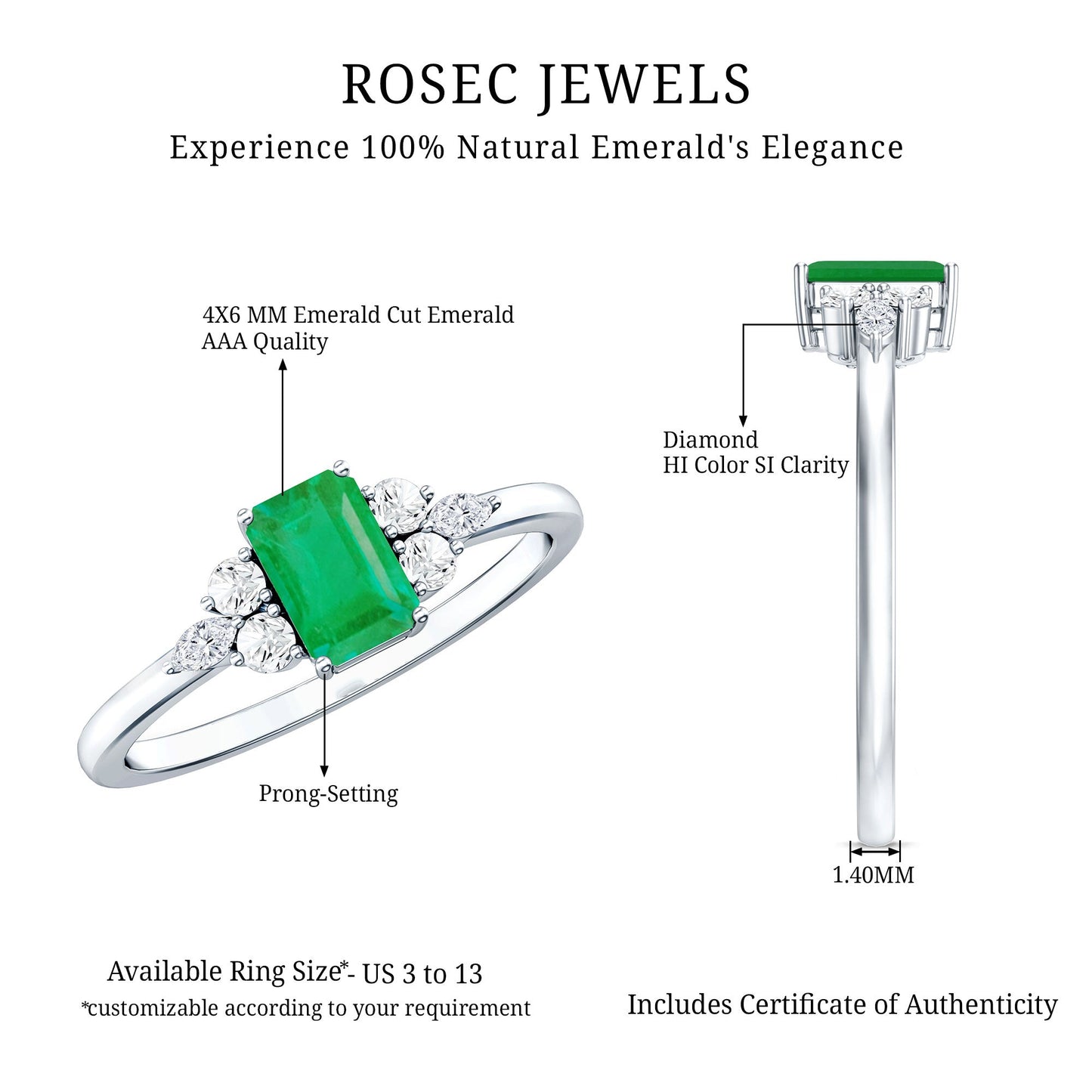 Emerald Cut Emerald Engagement Ring with Diamond Trio