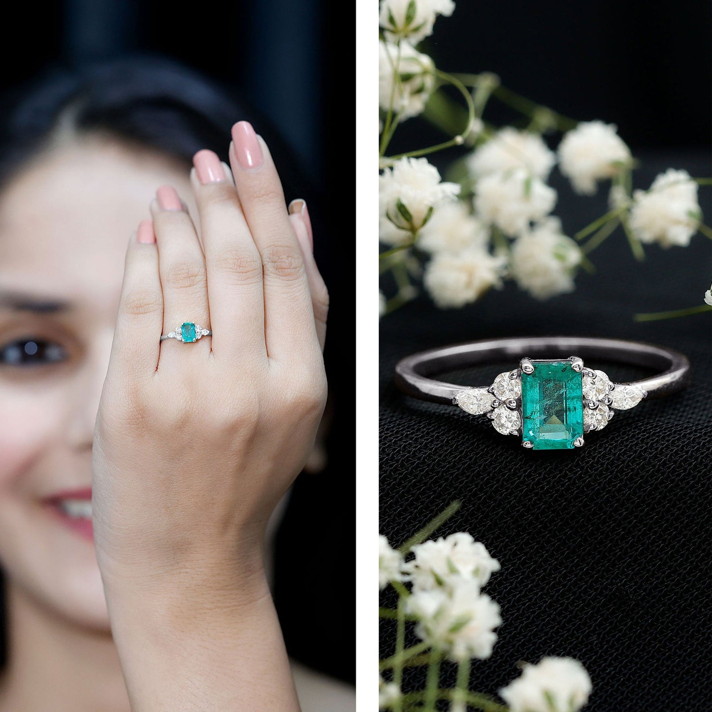 Emerald Cut Emerald Engagement Ring with Diamond Trio