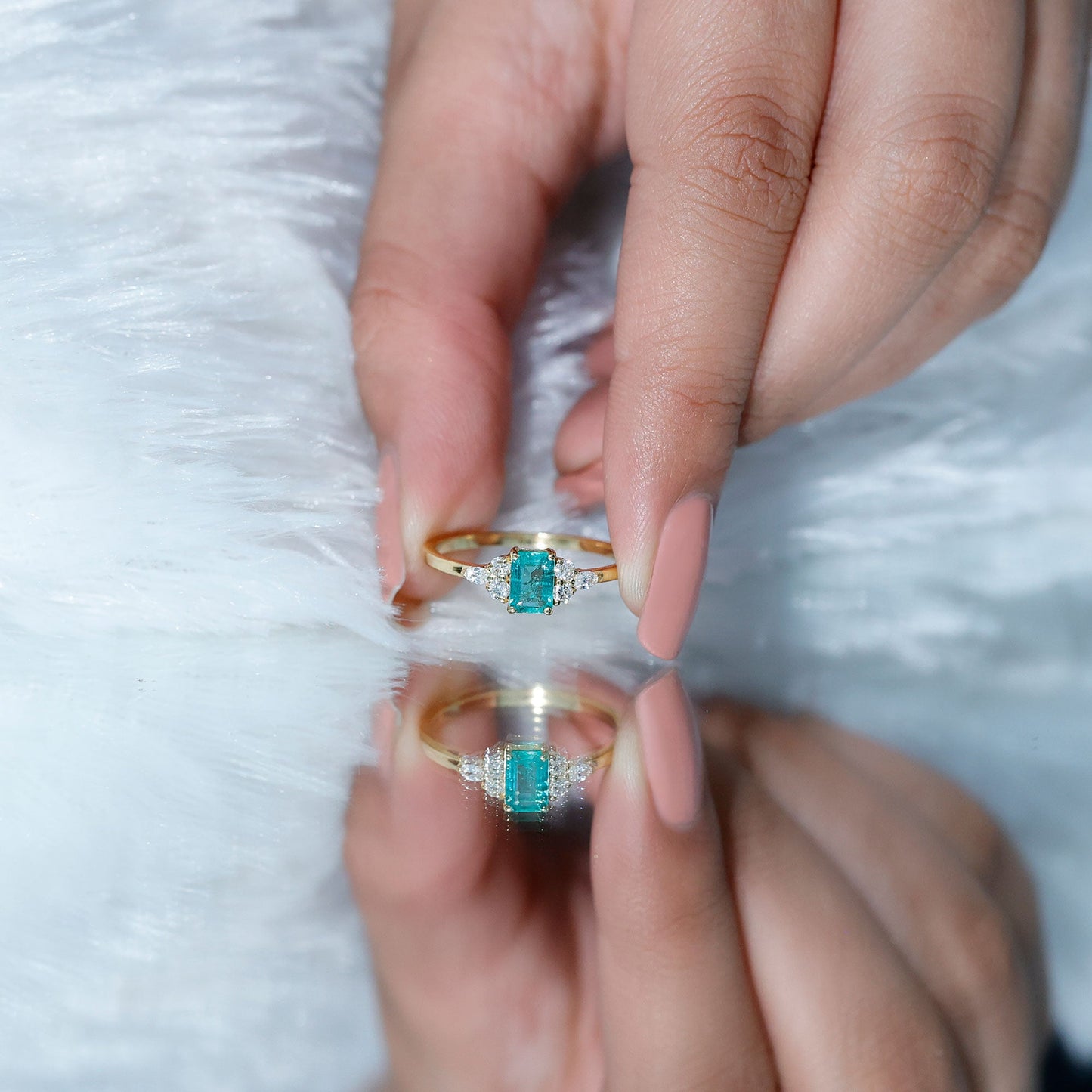 Emerald Cut Emerald Engagement Ring with Diamond Trio