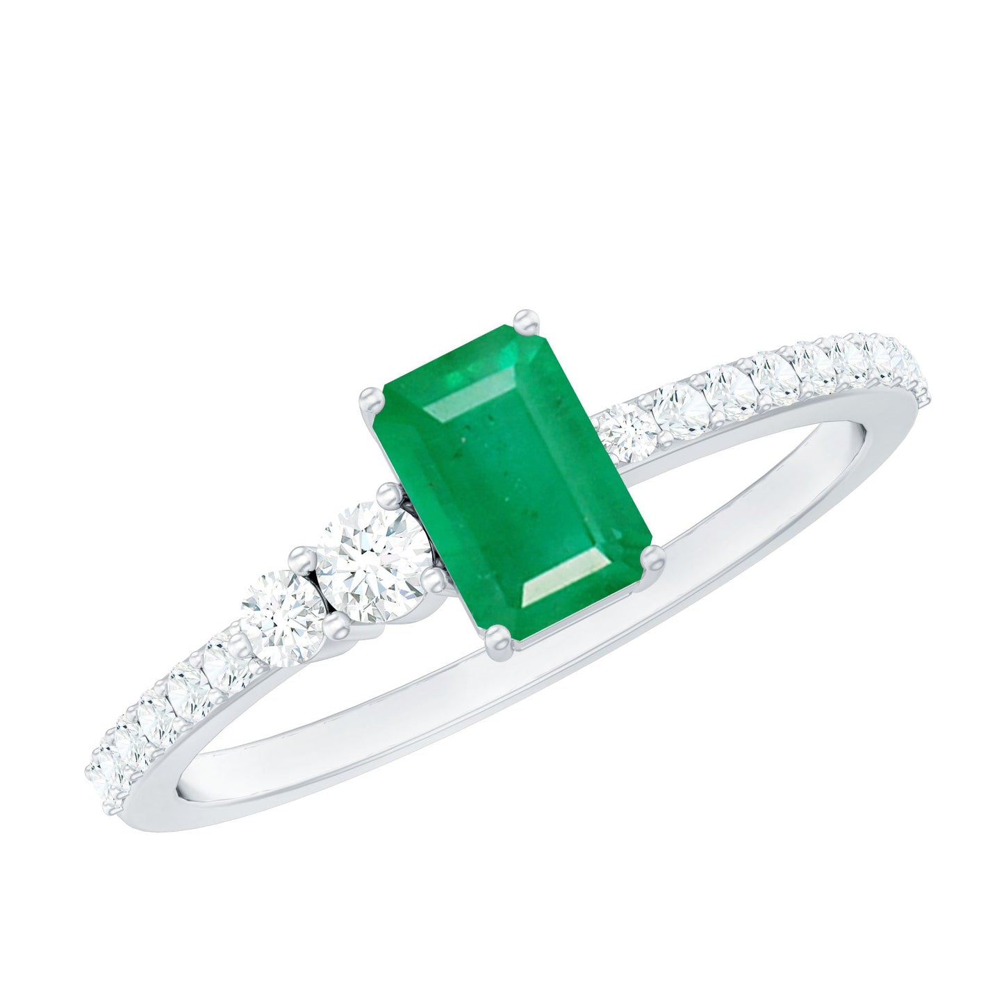 Natural Emerald Cut Emerald Engagement Ring with Diamond Side Stones