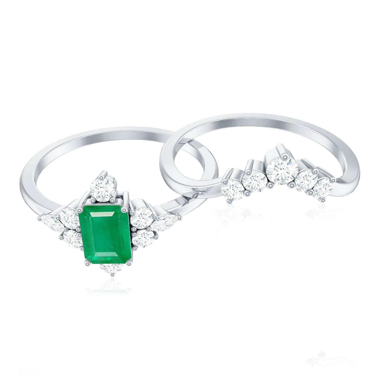 Natural Emerald Diamond Emerald Cut Engagement Ring and Wedding Band Set