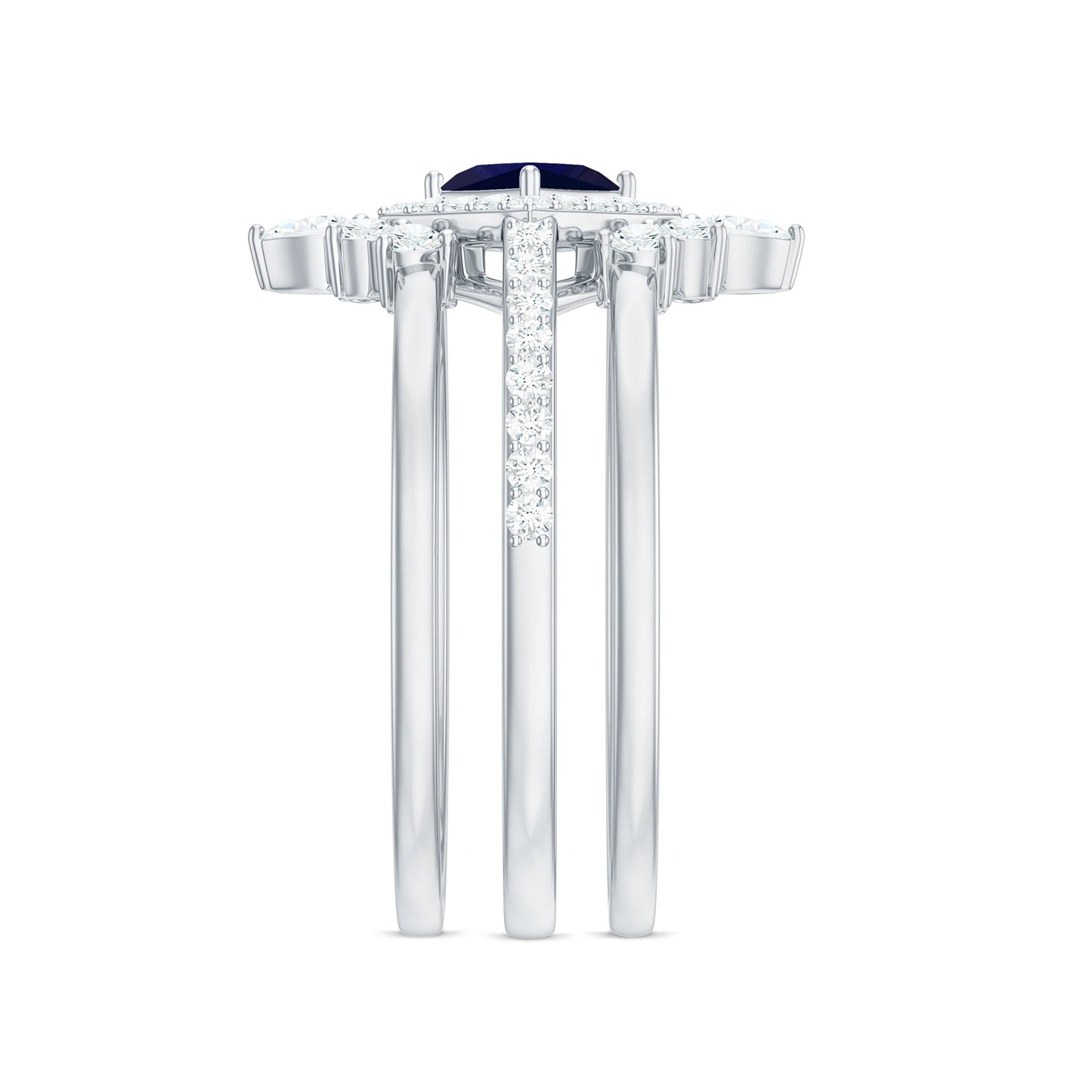 0.4 Carat Princess Cut Blue Sapphire Bridal Ring Set with Moissanite Halo