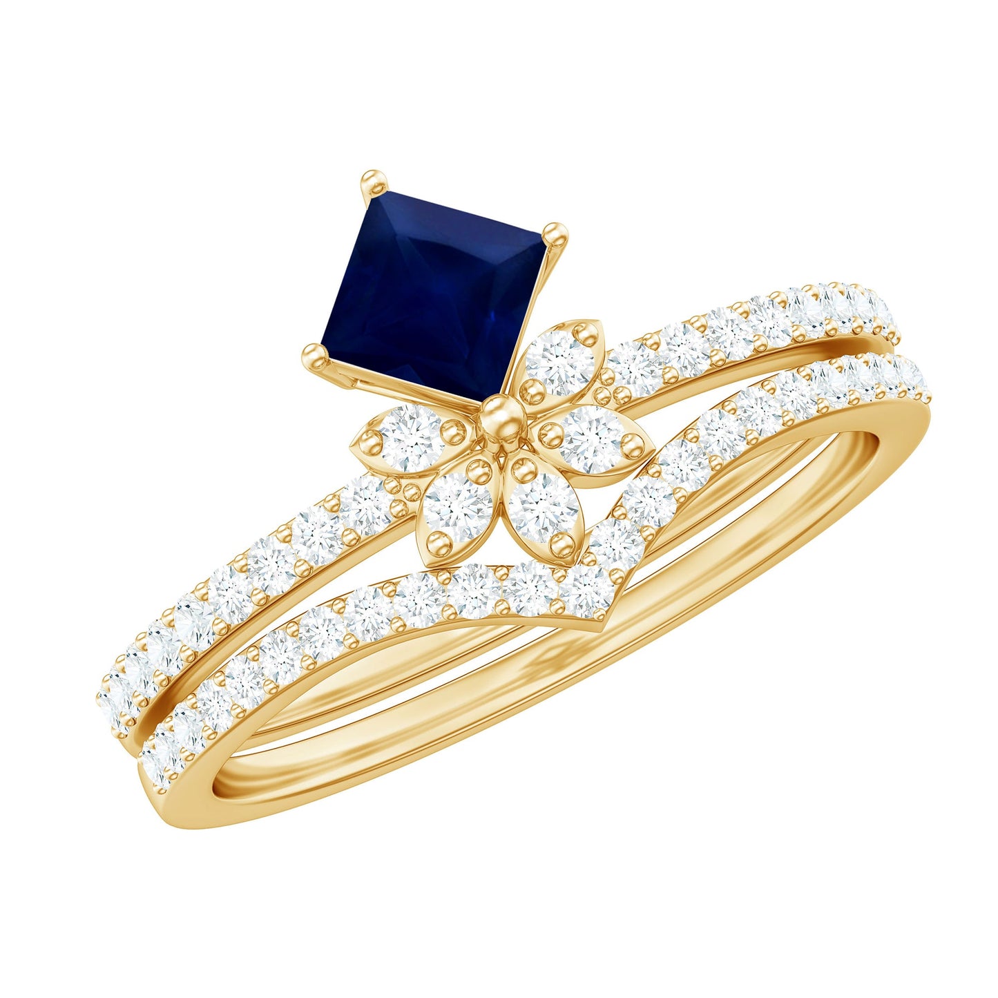 Designer Princess Cut Blue Sapphire and Diamond Flower Wedding Ring Set