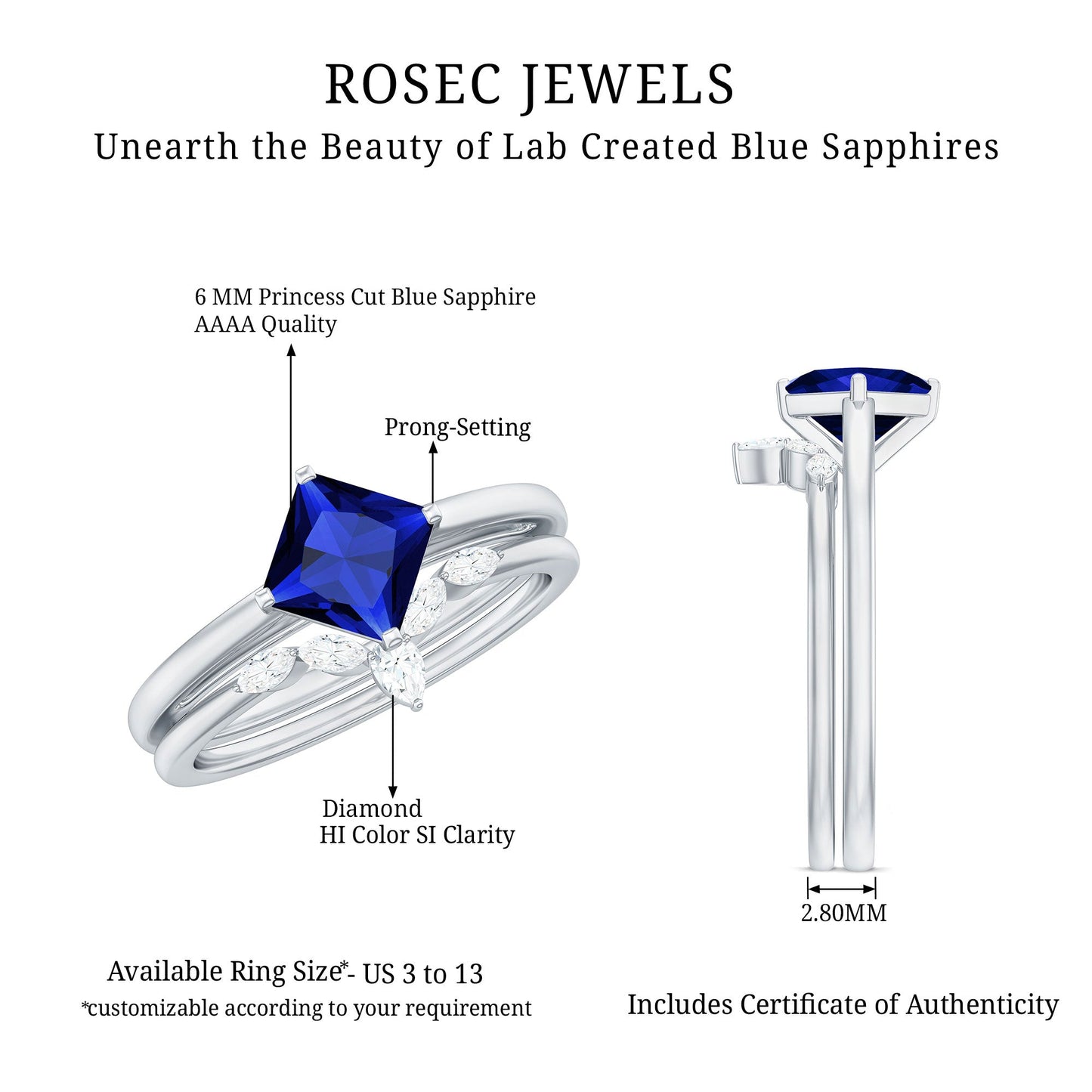 Certified Lab Grown Blue Sapphire Princess Cut Engagement Ring Set with Diamond