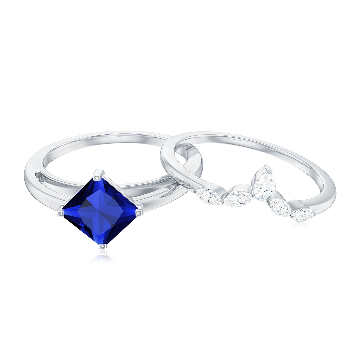Certified Lab Grown Blue Sapphire Princess Cut Engagement Ring Set with Diamond