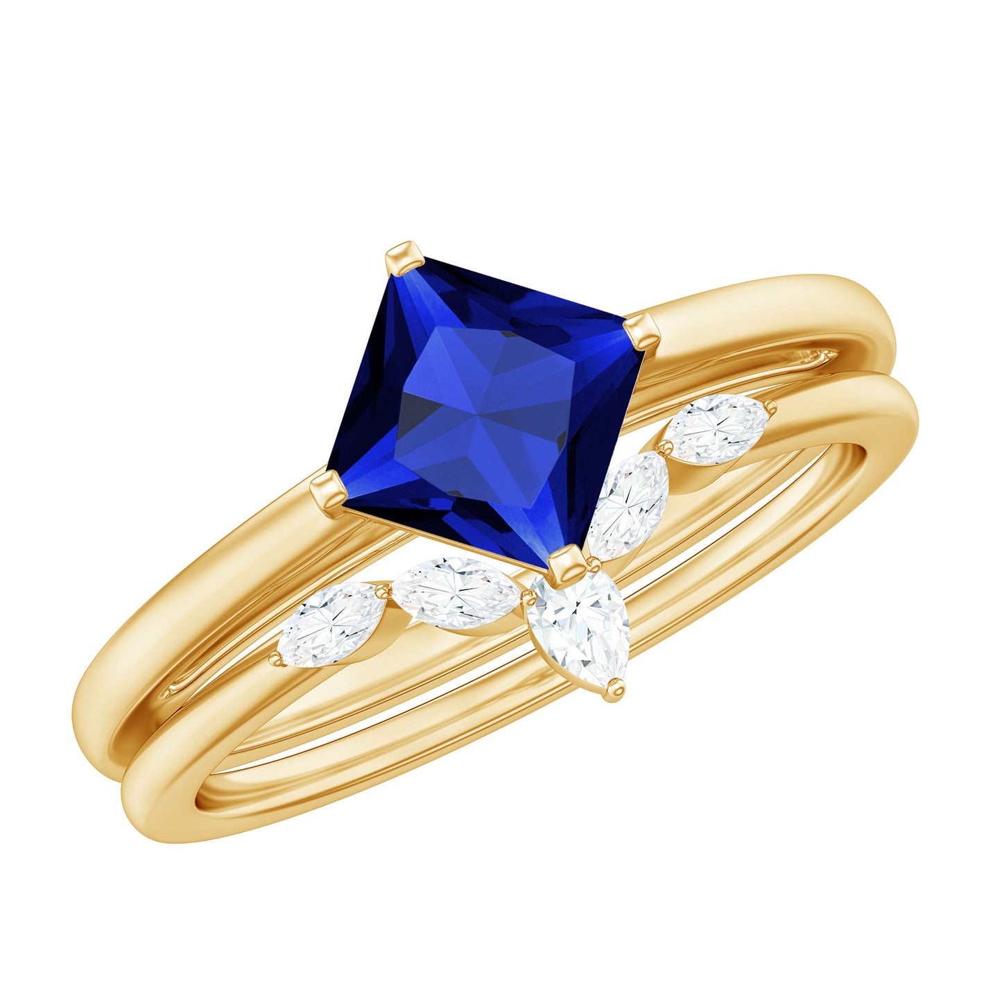 Certified Lab Grown Blue Sapphire Princess Cut Engagement Ring Set with Diamond