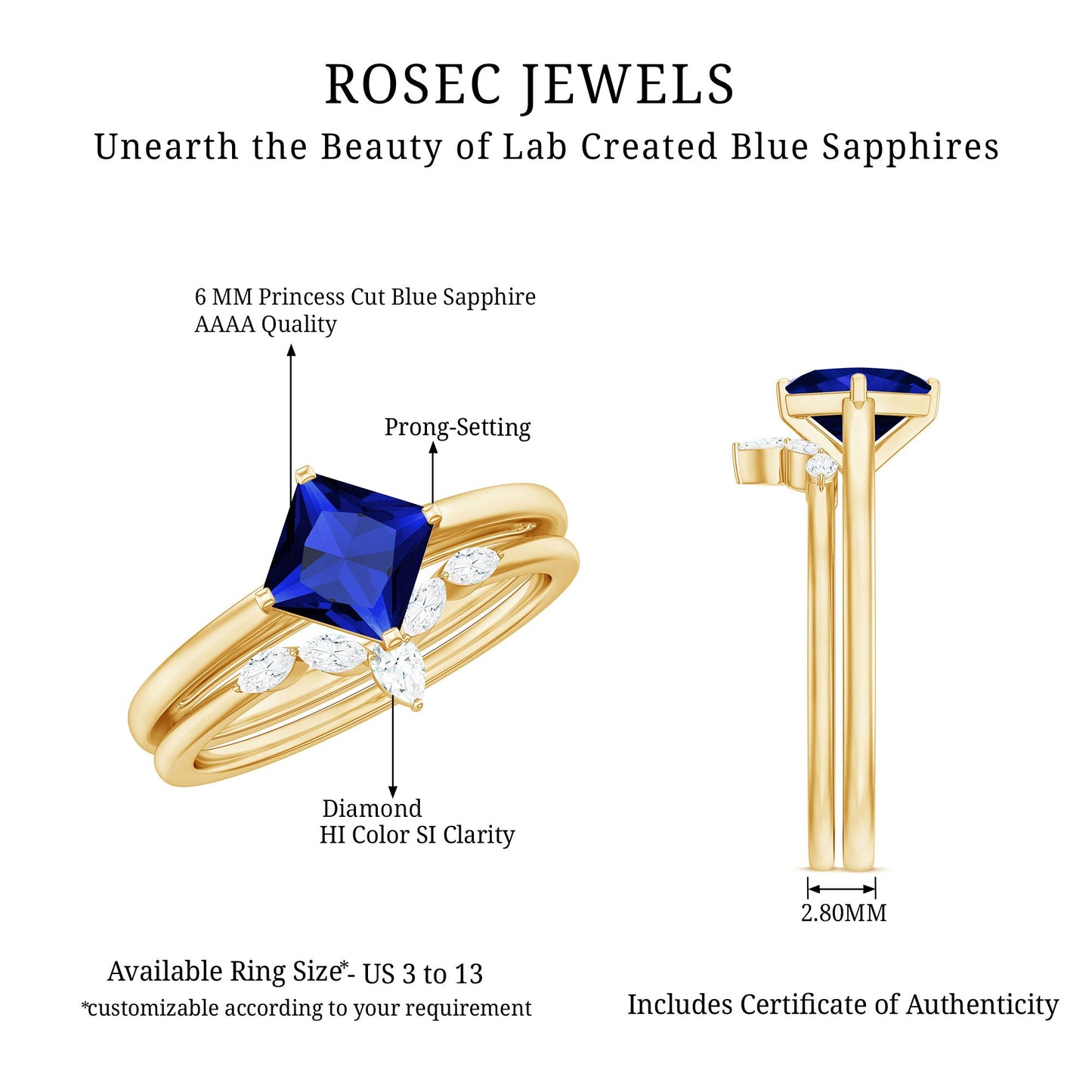 Certified Lab Grown Blue Sapphire Princess Cut Engagement Ring Set with Diamond