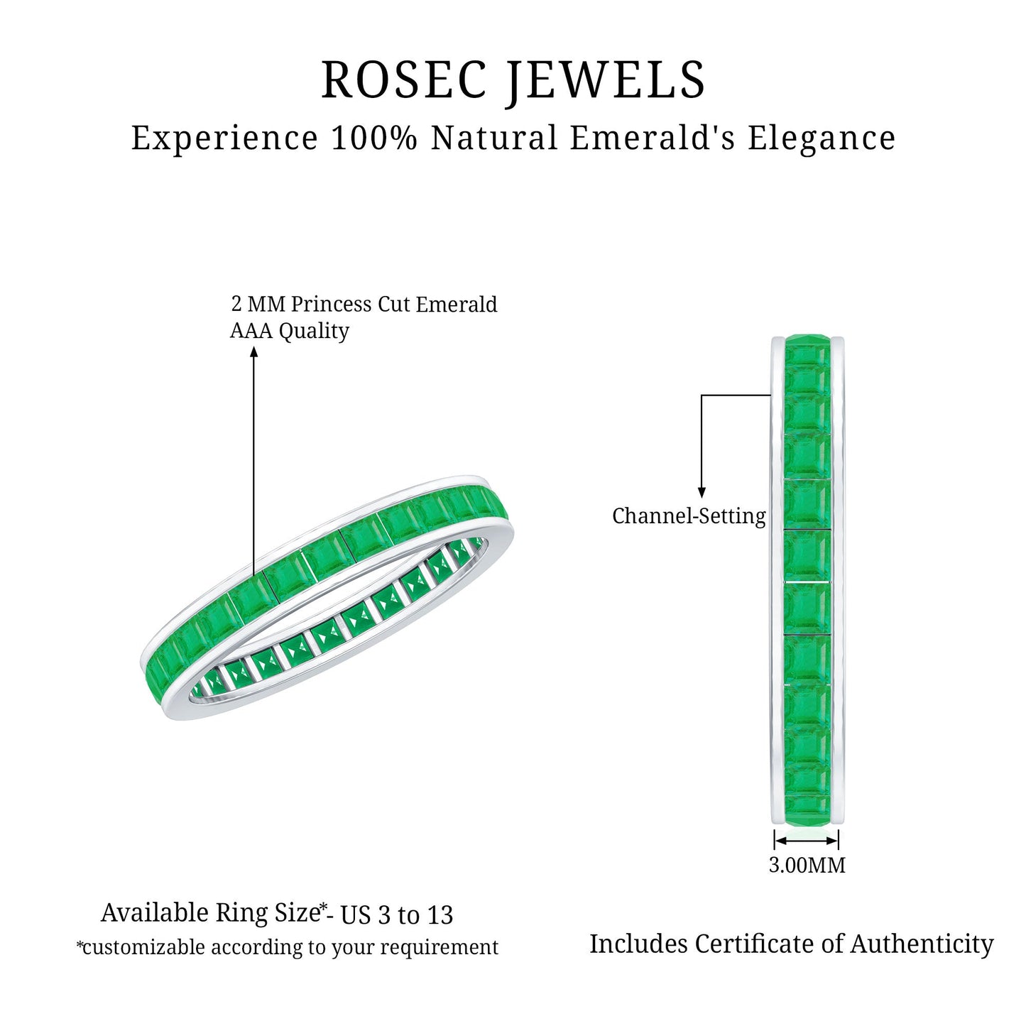Channel Set Princess Cut Emerald Eternity Band Ring