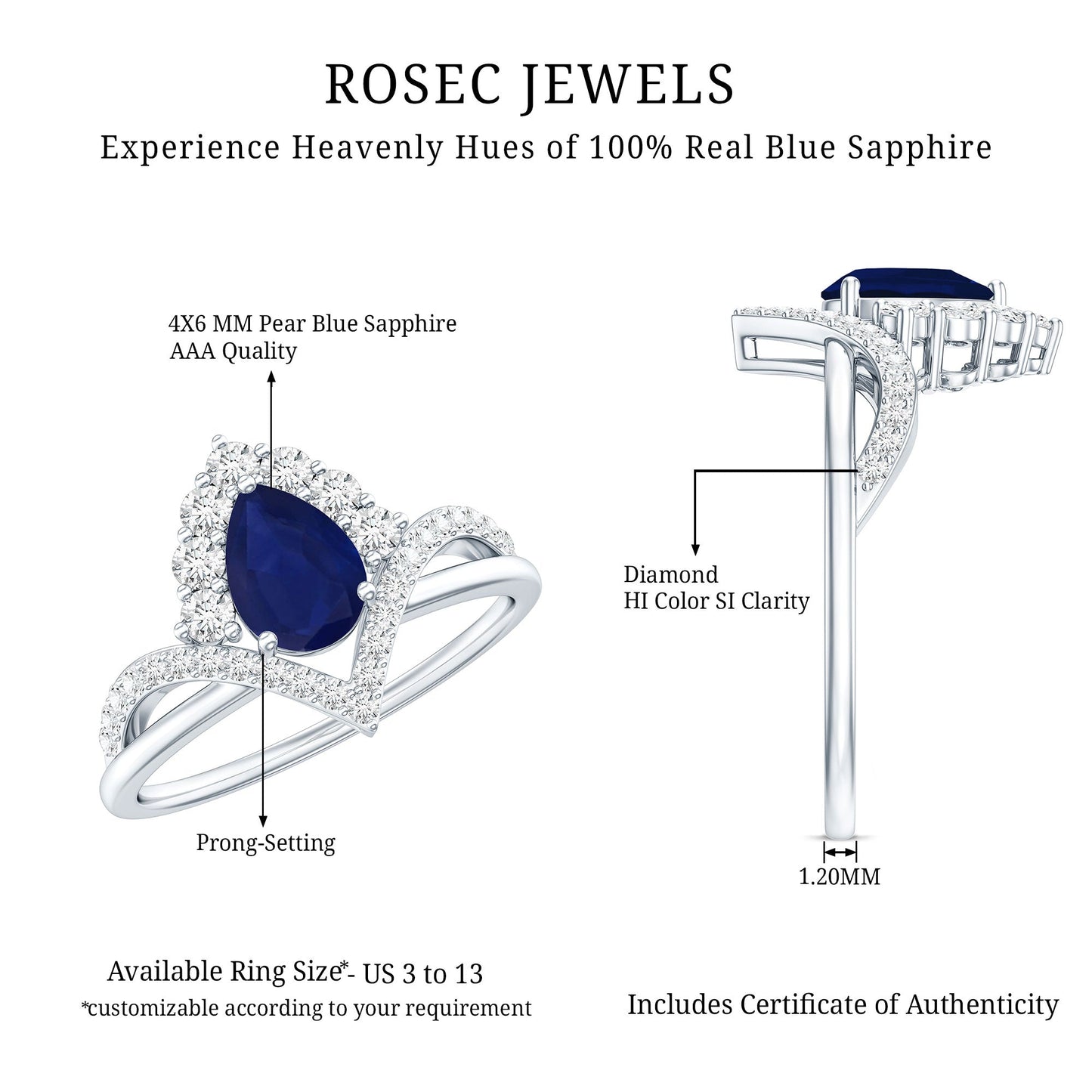 Pear Cut Blue Sapphire Designer Solitaire Ring with Diamond