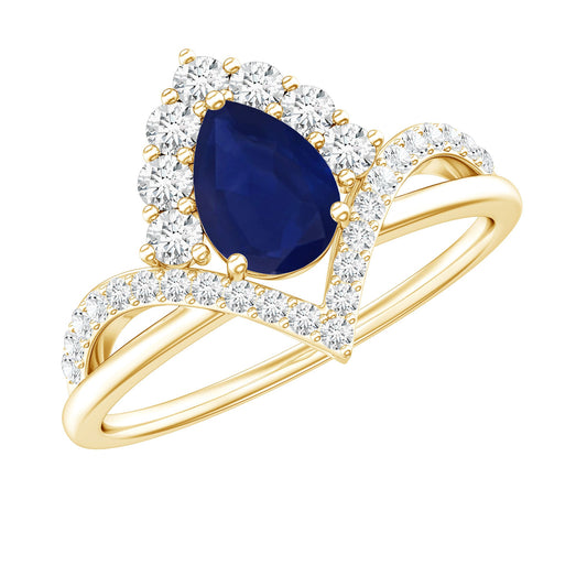 Pear Cut Blue Sapphire Designer Solitaire Ring with Diamond