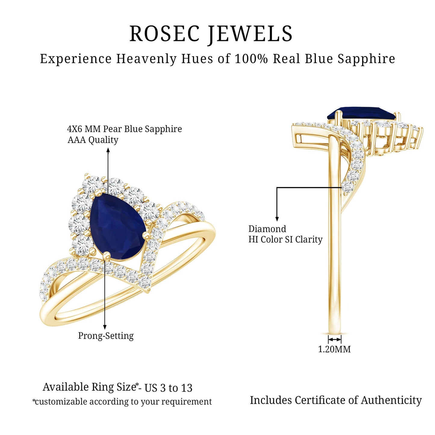 Pear Cut Blue Sapphire Designer Solitaire Ring with Diamond