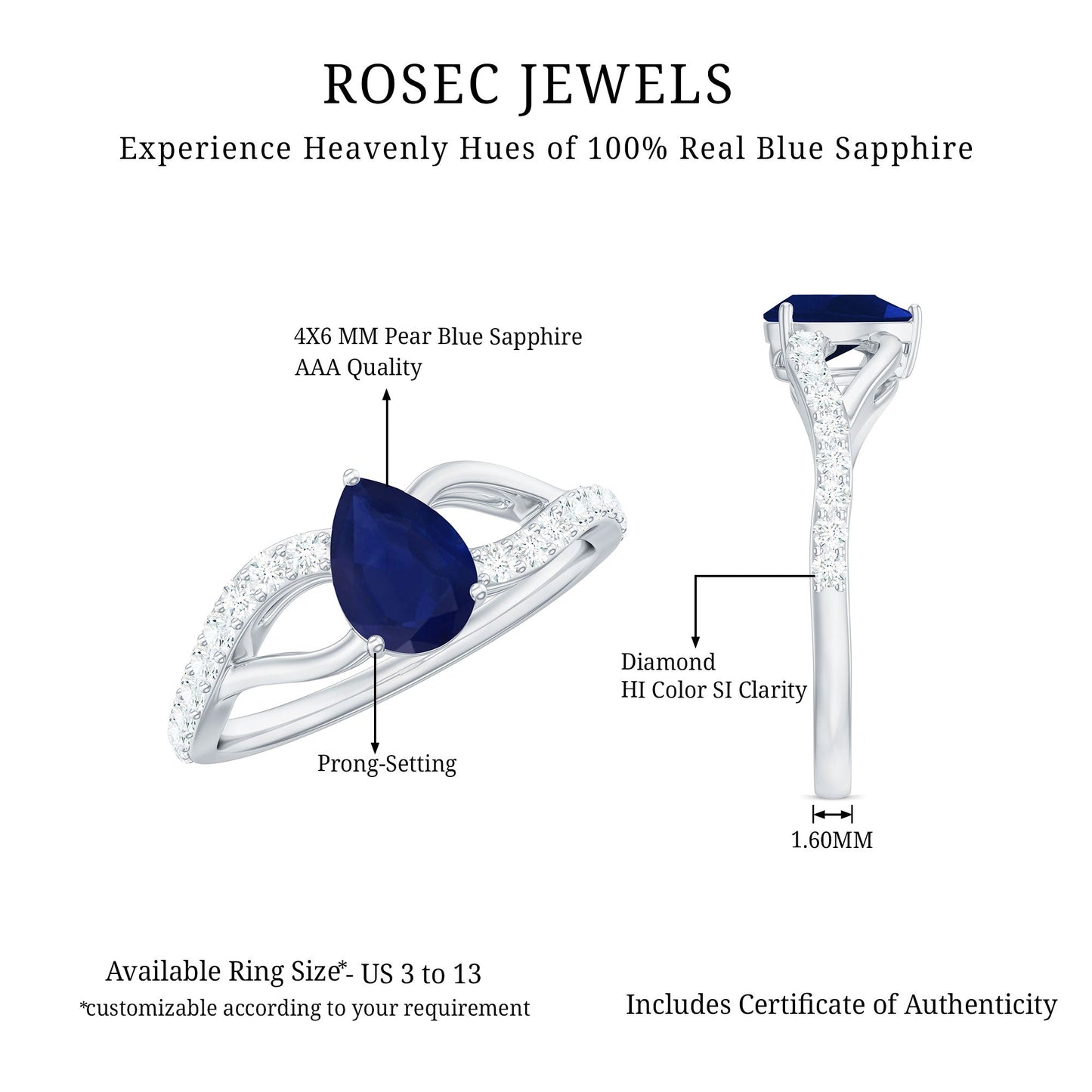 Genuine 0.5 Carat Pear Shaped Blue Sapphire Split Shank Engagement Ring with Certificate