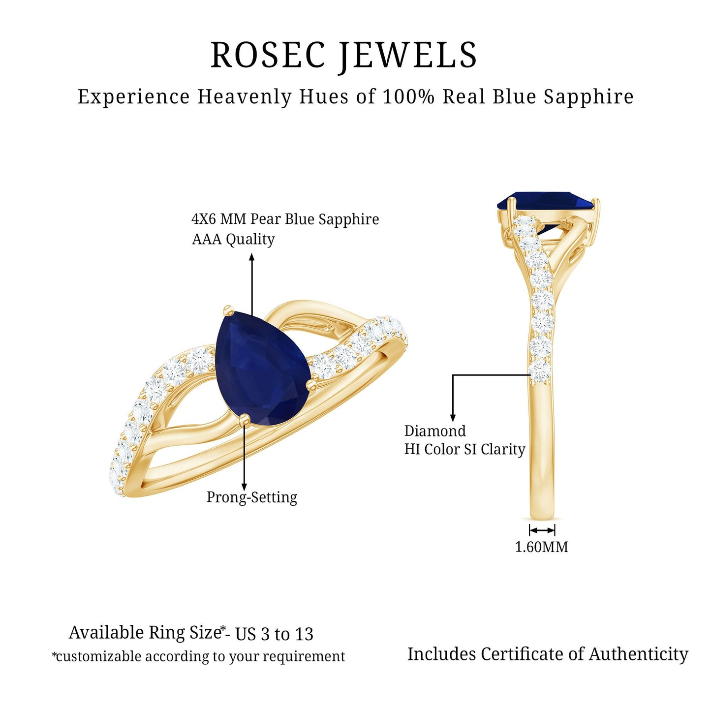 Genuine 0.5 Carat Pear Shaped Blue Sapphire Split Shank Engagement Ring with Certificate