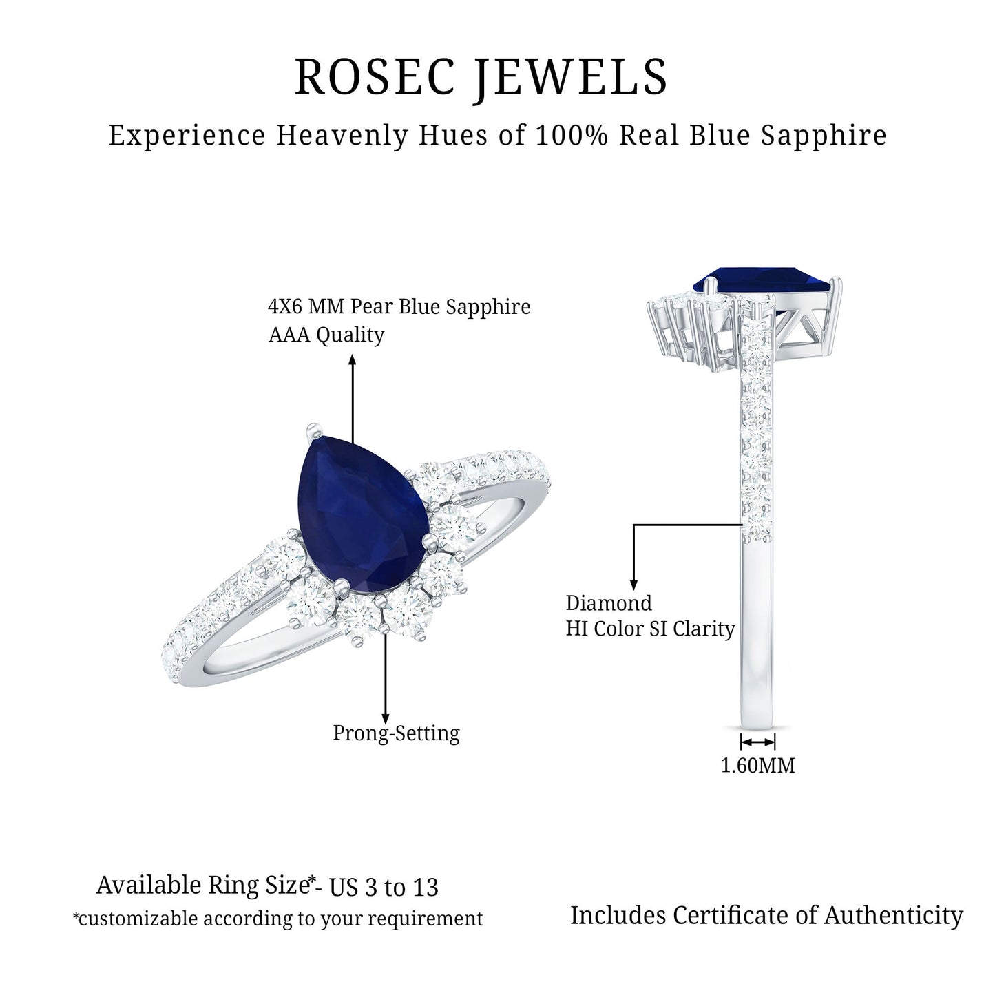 0.5 Carat Pear Shaped Blue Sapphire and Diamond Half Halo Engagement Ring