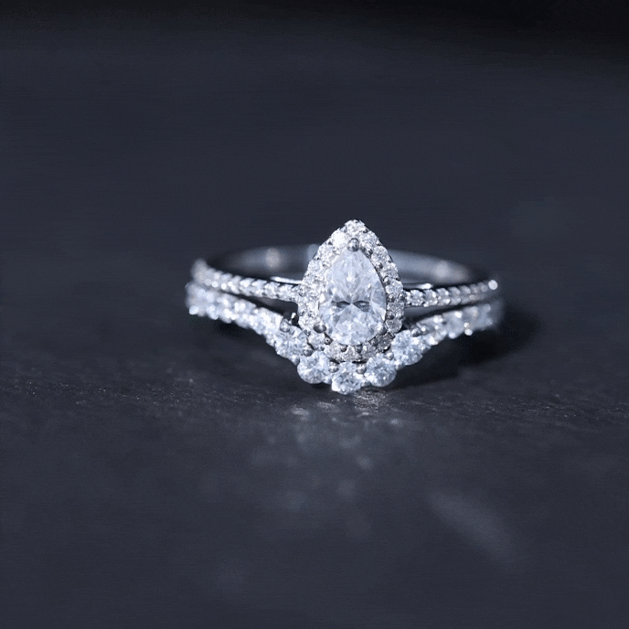 0.5 Carat Certified Moissanite Teardrop Bridal Ring Set with Halo