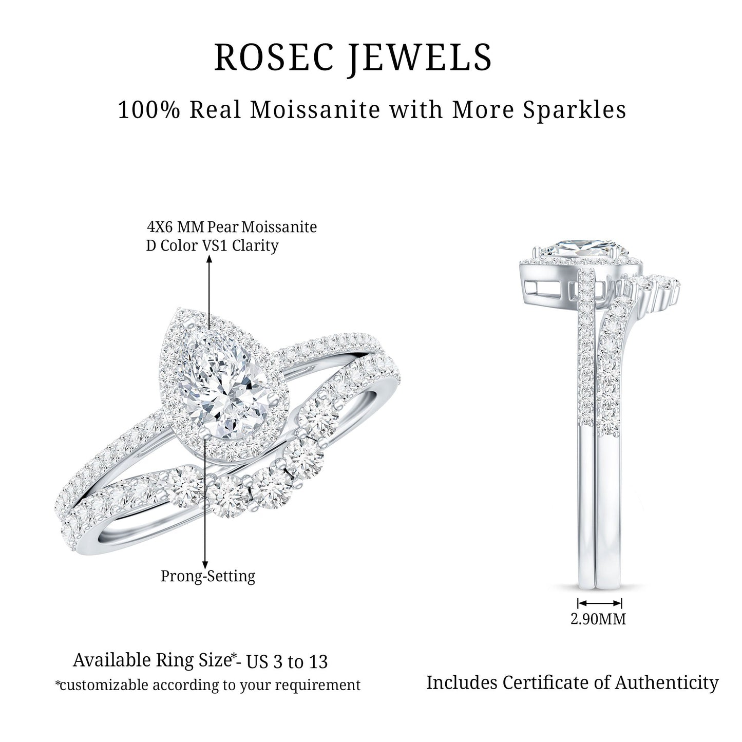 0.5 Carat Certified Moissanite Teardrop Bridal Ring Set with Halo