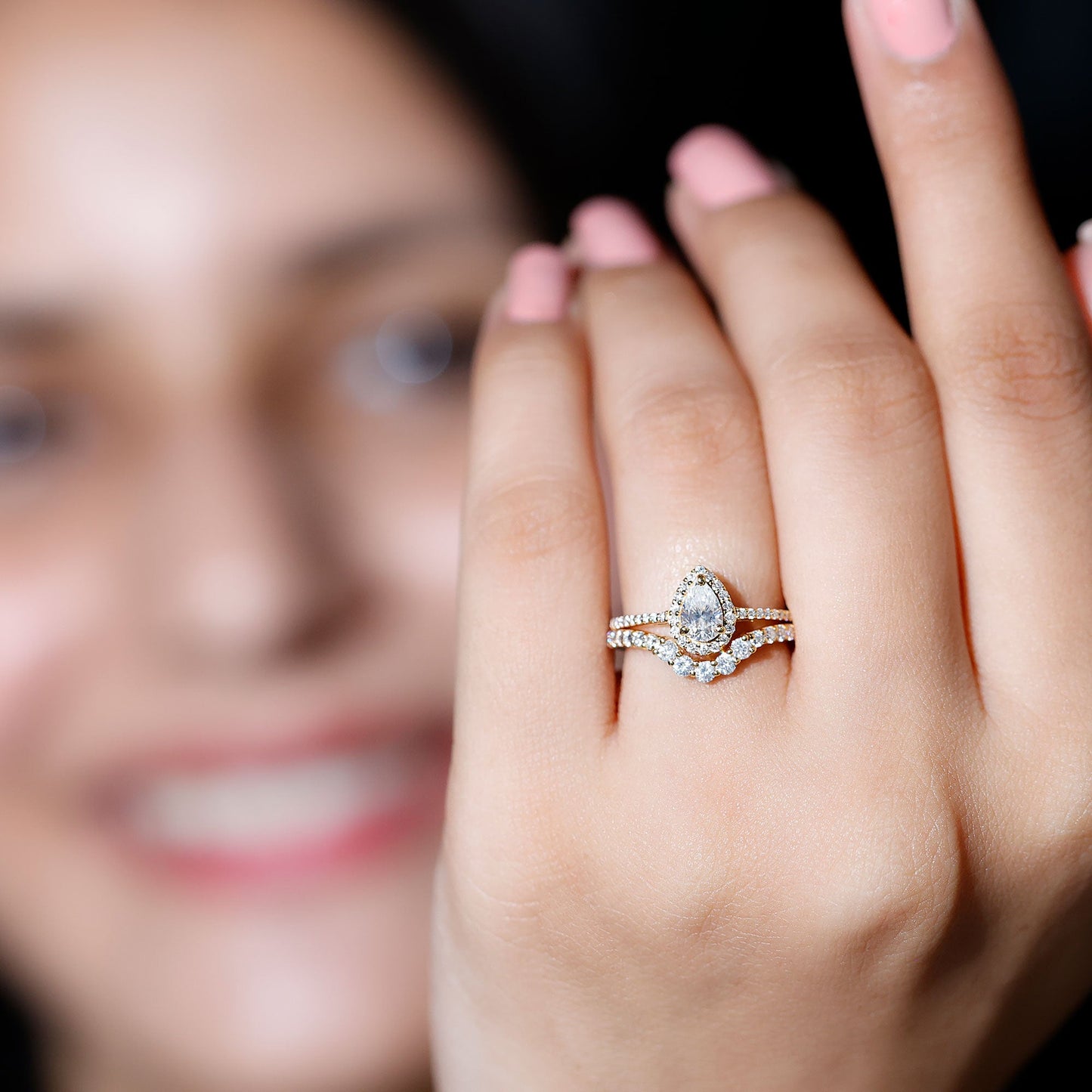 0.5 Carat Certified Moissanite Teardrop Bridal Ring Set with Halo