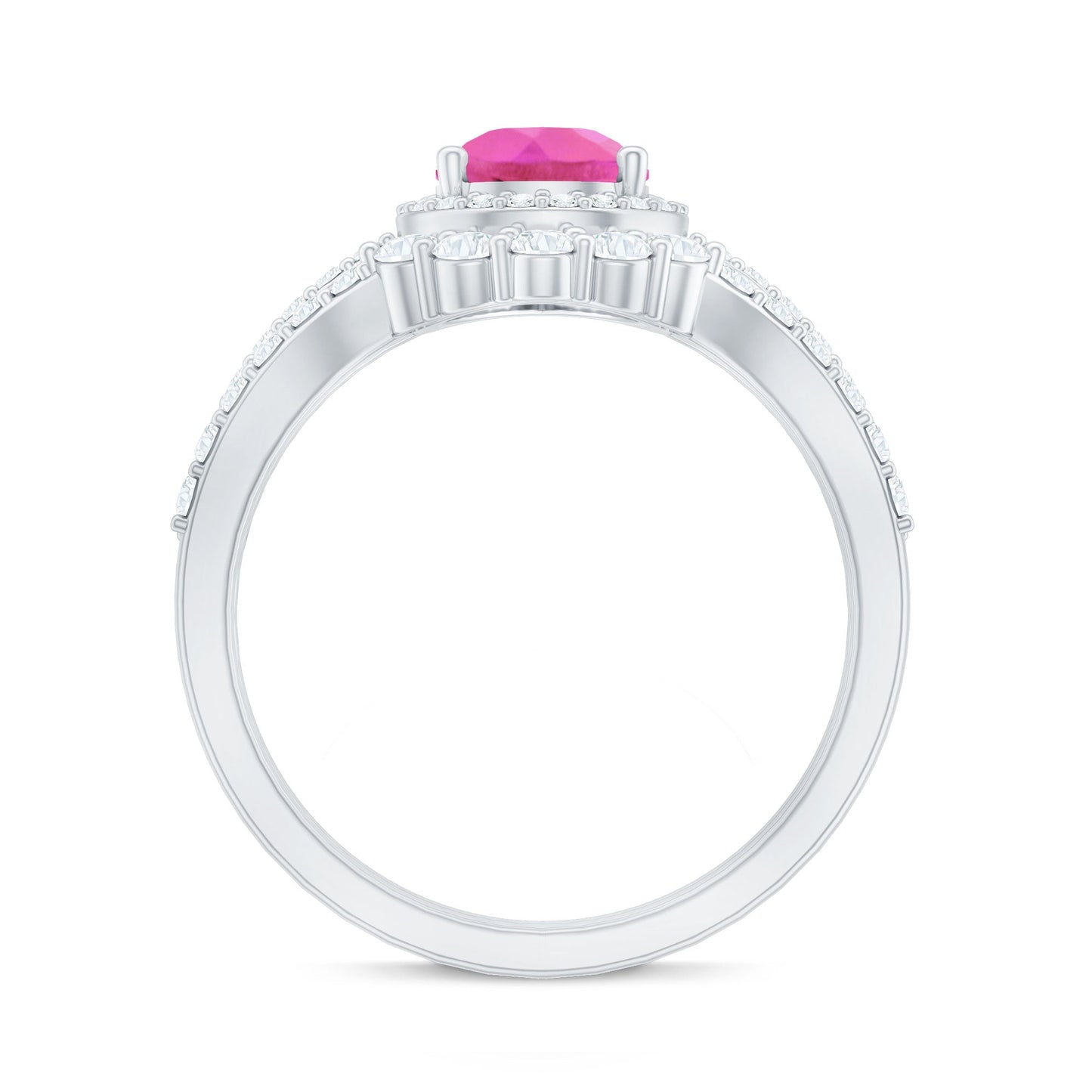 Pear Created Pink Sapphire Teardrop Ring Set with Moissanite Band